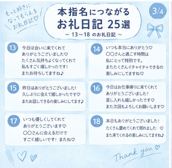 shibachan__dayo's tweet photo. ♻️1500

本指名が増える子は
お礼日記の書き方が上手い。

そのまま使える例文を
25個まとめました◎ https://t.co/h9hxvf5VJ1