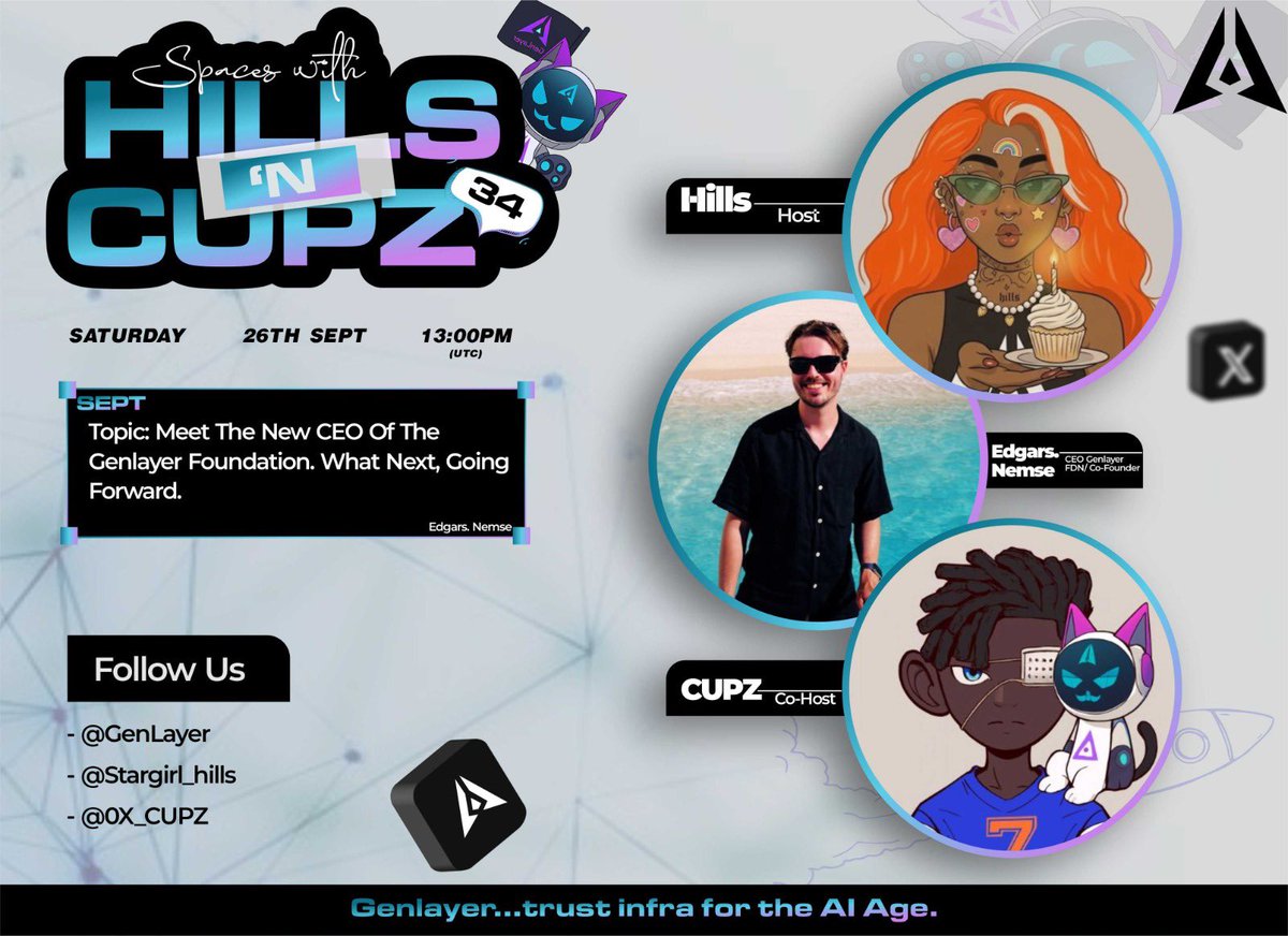 stargirl_hills's tweet photo. Join us as we host the 34th episode dissecting @GenLayer  

Topic : Welcoming GenLayer’s New Foundation CEO / discussion around making GenLayer 100% secured 

Time/date : 26th September, 1pm utc

Host - @stargirl_hills 

Cohost - @0X_CUPZ 

Special guest - @EdgarsNemse (CEO @GenLayerFDN , Cofounder of GenLayer)

Set your reminder 👇 

https://t.co/ofvg5hBHNc