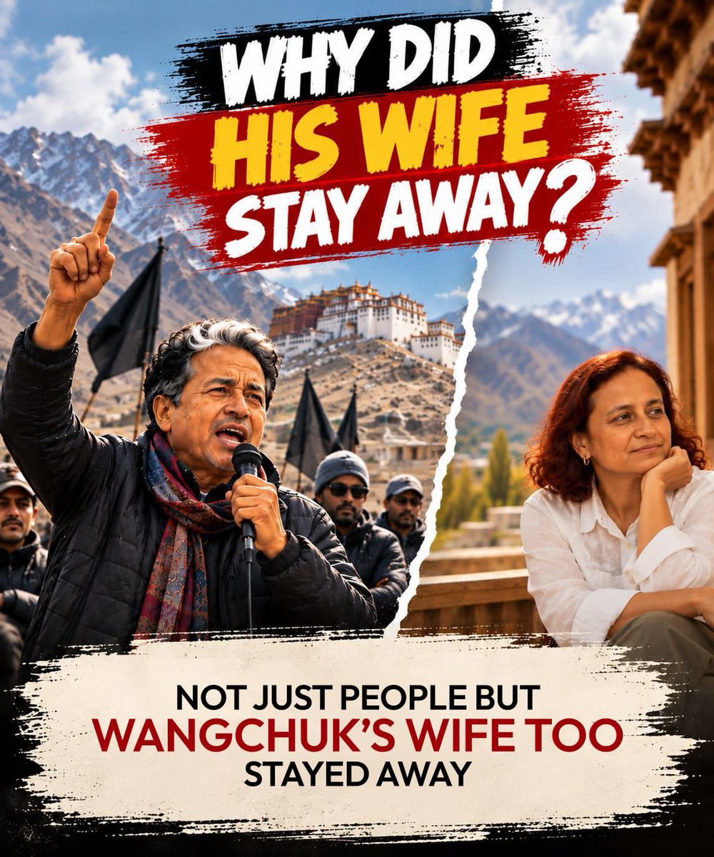 SonOfBharatRK's tweet photo. Not present during the padyatra, and completely absent at your prayer meets! When your own wife @GitanjaliAngmo refuses to stand by your drama, why should the nation, @Wangchuk66?
Cc: @lg_ladakh @AmitShah @PMOIndia
#ExposeWangchuk #NoSupportAtHome #FlopShow #LadakhRejectsDrama #RealityCheck