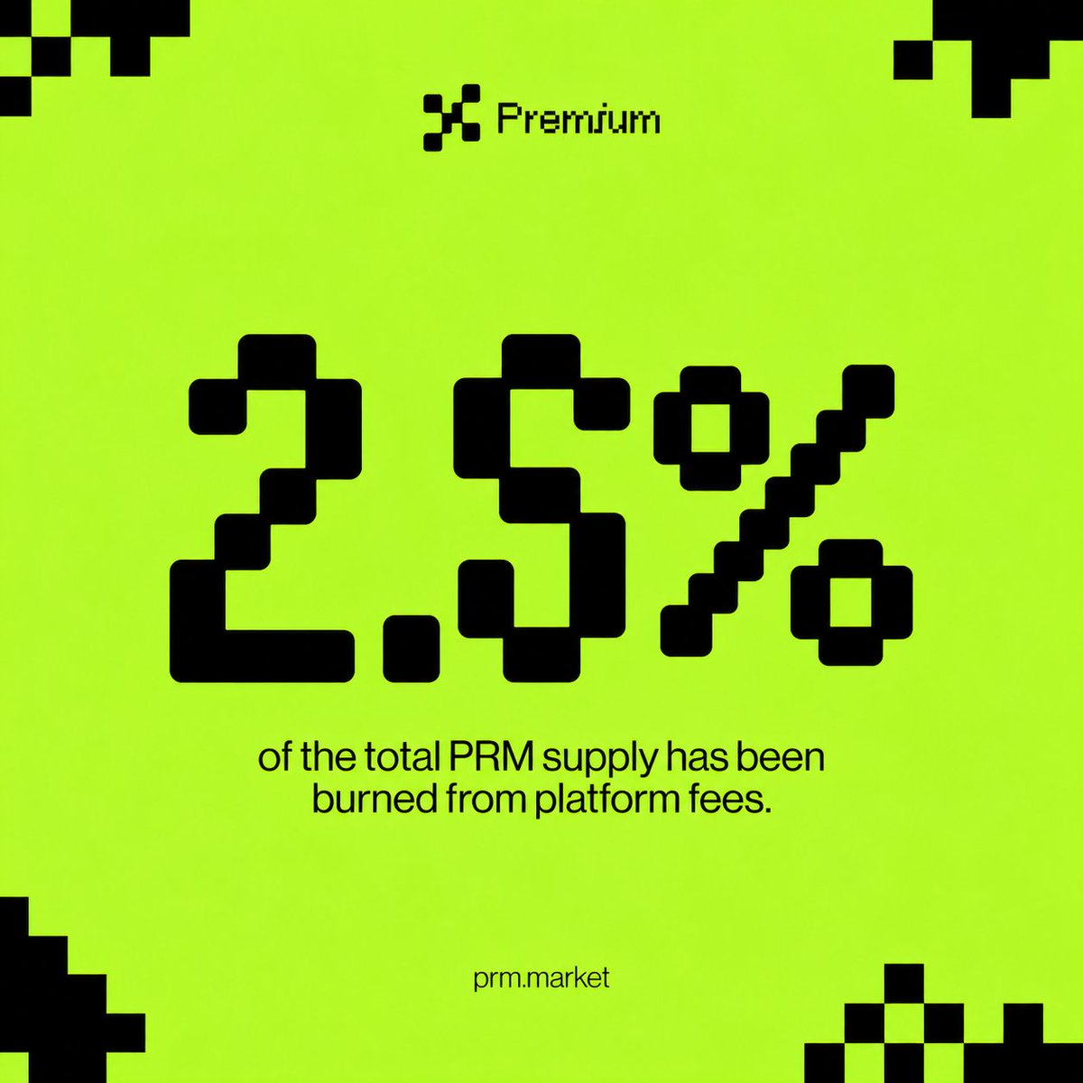 prm_market's tweet photo. 2.5% of the total $PRM supply has now been burned through platform fees.

Every market launched and every trade executed feeds the Premium flywheel:

More activity -> more fees -> more $PRM buybacks and burns.

The ecosystem grows. The supply gets smaller. https://t.co/1WDpX46Xj5