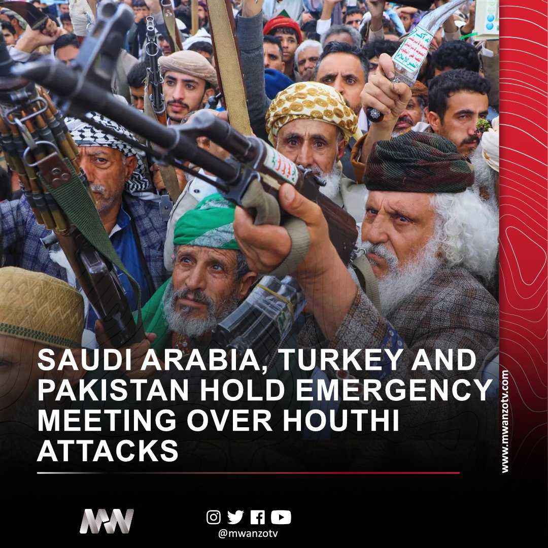 MwanzoTv's tweet photo. #BREAKING: SAUDI ARABIA, TURKEY AND PAKISTAN HOLD EMERGENCY MEETING OVER HOUTHI ATTACKS
Saudi Arabia has convened an urgent high‑level meeting with its allies Turkey and Pakistan to address escalating attacks by Houthi rebels from Yemen.

Foreign ministers from the three nations condemned the strikes targeting Mecca and civilian areas, affirming Saudi Arabia’s right to defend itself. 

They agreed to advance discussions to the military level, with commanders expected to meet soon under their joint defense pact, which treats an assault on one member as an attack on all.

Saudi officials reported intercepting six ballistic missiles launched by the Houthis, while issuing emergency alerts in Mecca, Jeddah, and Yanbu, a key oil export hub.

At the same time, the Grand Mufti of Saudi Arabia urged the armed forces to be prepared to sacrifice in the fight against the Houthis. 

Meanwhile, Iranian President Masoud Pezeshkian stated that the Houthis must be held accountable for their actions, a remark seen as an effort to distance Tehran from the attacks.
