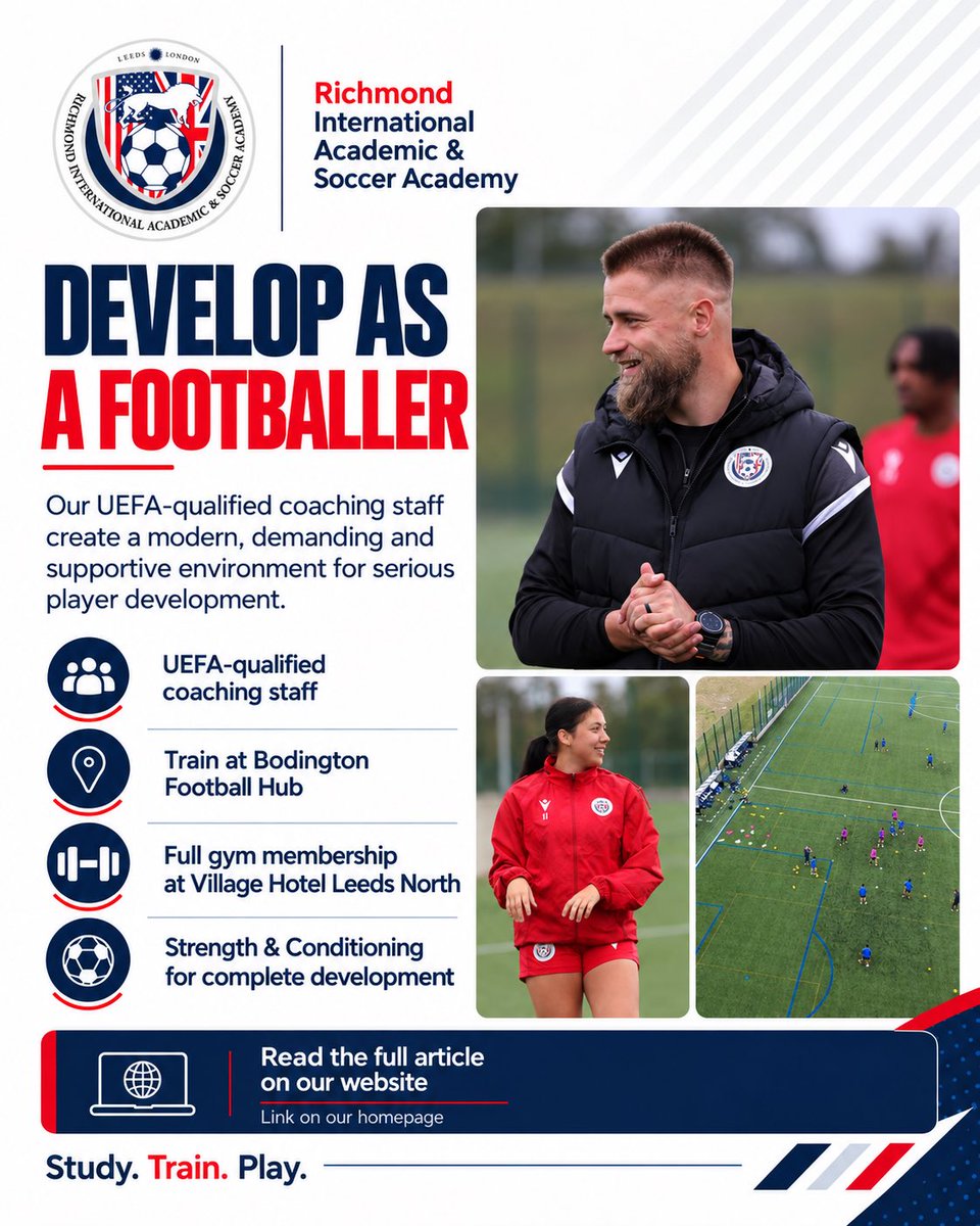 OfficialRIASA's tweet photo. Development at RIASA is about more than just time on the pitch.

With UEFA-qualified coaches, training at Bodington Football Hub, and full gym access at Village Hotel Leeds North, every part of the environment is built to help student-athletes improve. https://t.co/Susbki7iR3
