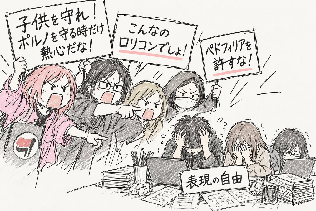 SFumoto's tweet photo. ちなみに、これだけは伝えておきたいことなのですが、今回の一般漫画にまで及んだ表現規制の原因となったのは、日本でもお馴染みになっている、ラディカルフェミニストや極左系の人たちによる表現規制運動です。

大きな発端となったのは、オーストラリアの反ポルノ団体「Collective Shout」の活動ですが、日本でもラディカルフェミニストや極左系の活動家がこれに同調し、繰り返し表現規制を訴えてきました。

彼らが規制を主張する際に持ち出すのは、決まって「ポルノ」「子供を守る」、そして最近では「ペドフィリア」といった言葉です。

自分たちを絶対的な正義の側に置くために、実際の趣味嗜好とは無関係に、反対する人間へ「ロリコン」「ペドフィリア」といったレッテルを貼って反論を封じ、そのうえで「規制されるのはエロだけ」と説明してきました。

しかし、私たちのように表現の自由を訴えてきた側は、そこで規制の仕組みを一度認めれば、すぐに一般漫画にまで対象が拡大する事を海外や過去の事例で知っていたため、それを指摘し続けてきました。

そのたびに「ロリコン」「ペドフィリア」とレッテルを貼られ、セクハラや嫌がらせまで受けてきましたが、今まさに懸念していたことが現実になりました。

表現規制によって現実の犯罪を抑止する効果がないことは世界各国の主要な研究ですでに明らかになっており、世界有数のコンテンツ大国でありながら、同時に世界でも極めて治安の良い国である日本を見ても、創作物の存在と現実の犯罪を安易に結びつけることが、どれほど無理のある議論なのかは分かるはずです。

今、私たちに求められているのは、正義を名乗る詐欺師たちの言葉を無条件に信じることではありません。

大義名分やレッテルではなく、今回の一般漫画への表現規制といった、実際に起きた結果を見て判断する時です。