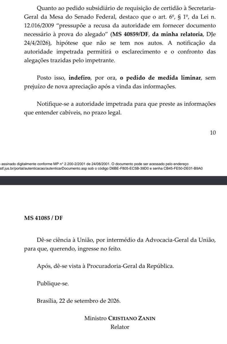 wallaceolive_r's tweet photo. O mesmo ministro que agora recusou a liminar da CPI do Master aparece citado, dois anos antes, em conversa privada de lobby sobre interesses do Master. Isso alimenta a leitura de possível conflito ou influência.
Já pode arguir, especialmente como fato superveniente conhecido nesta data.