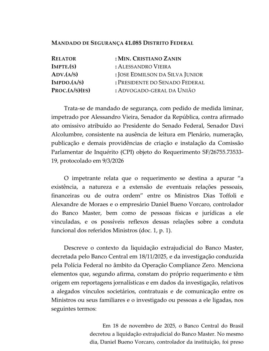 wallaceolive_r's tweet photo. O mesmo ministro que agora recusou a liminar da CPI do Master aparece citado, dois anos antes, em conversa privada de lobby sobre interesses do Master. Isso alimenta a leitura de possível conflito ou influência.
Já pode arguir, especialmente como fato superveniente conhecido nesta data.