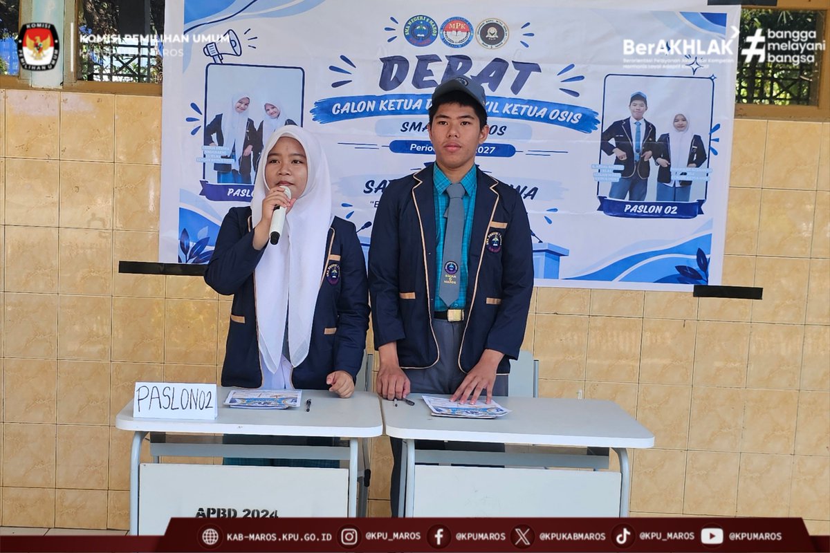 kpukabmaros's tweet photo. #TemanPemilih, Komisi Pemilihan Umum  Kabupaten Maros melaksanakan pendampingan pada tahapan penyampaian visi, misi, dan debat pasangan calon Ketua OSIS serentak Tahun 2026 di SMA Negeri 5 Maros. Kamis (24/9/2026).

#KPUMelayani https://t.co/M2obcEc3ut