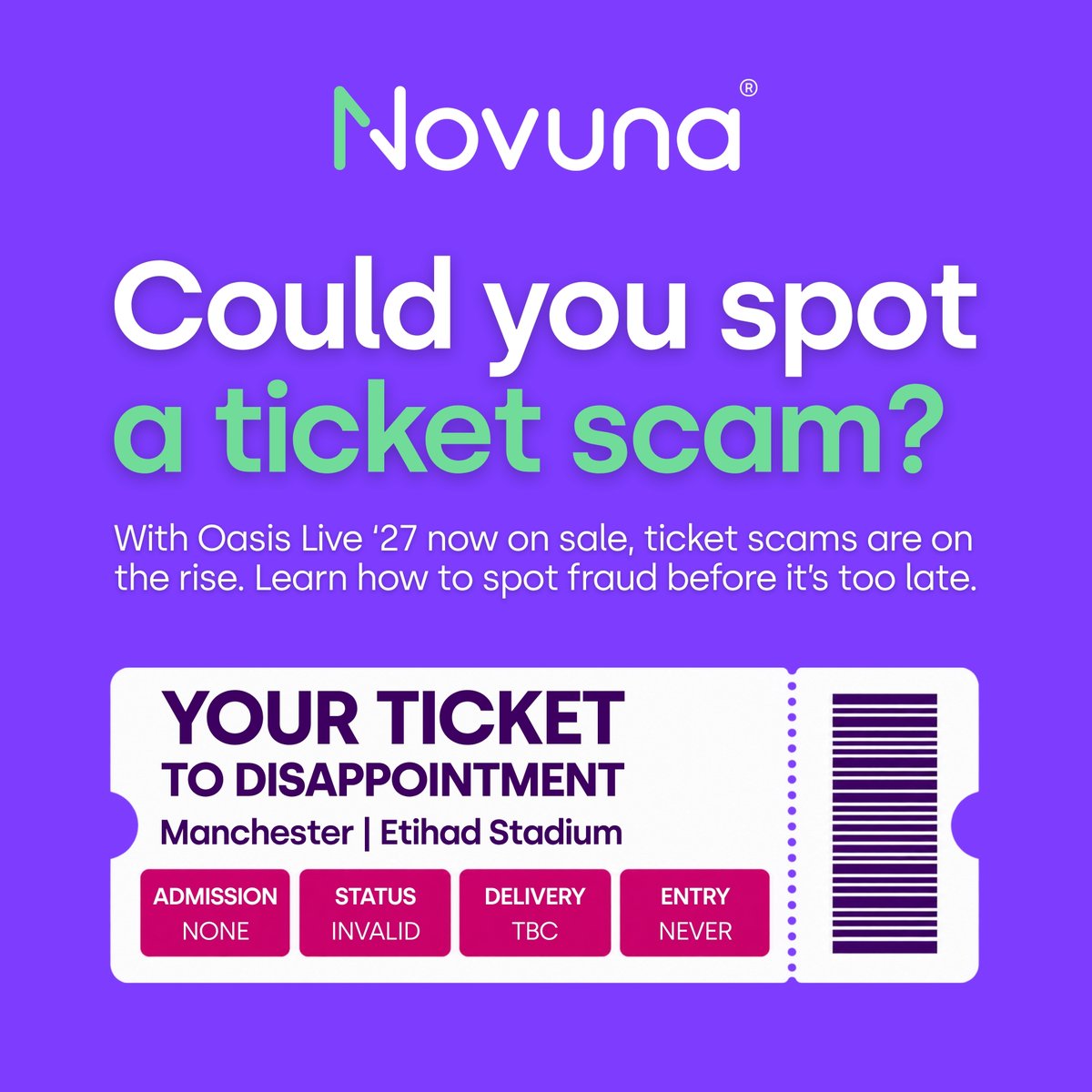 _Novuna's tweet photo. Some might say it’s a bargain. We’d say check it’s genuine 👀

Today is gonna be the day you buy those Oasis tickets. Don't let a ticket scam spoil it.

Visit our Fraud &amp; Security Centre for more information about how you can spot and report scams 👉 https://t.co/eIuqZnxfjx https://t.co/cF3Mpw4naI