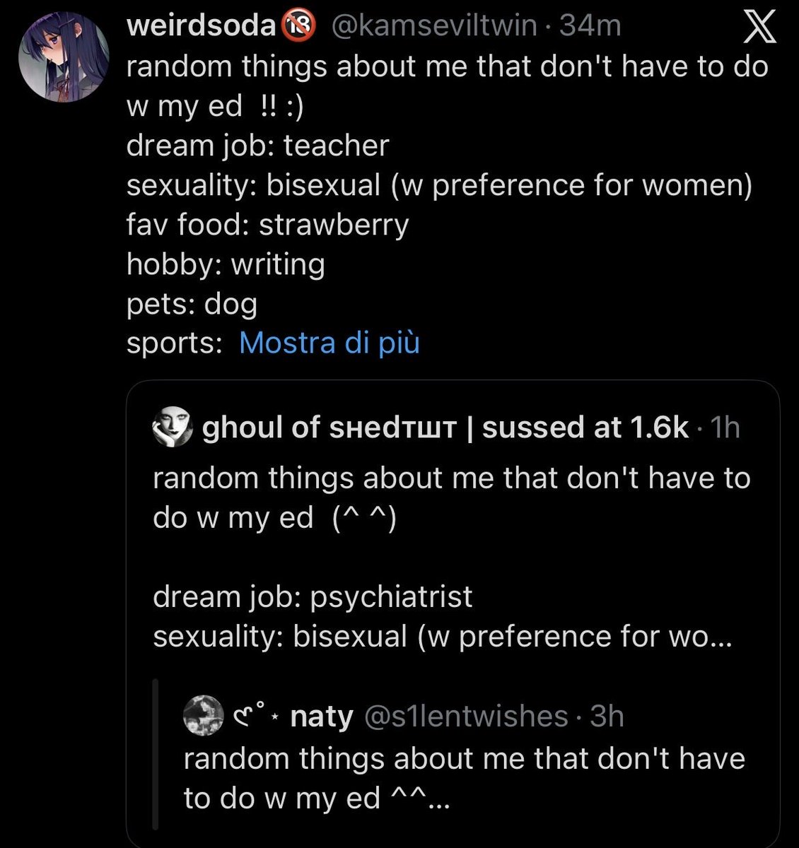 Iryx00's tweet photo. random things about me that don't have to do w my ed :P

dream job: cybercrime specialist
sexuality: straight 
fav food: sushi
hobby: drawing, cosplaying
pets: dog
sports: nope
religion: atheist
fav animal: cats, foxies, lions, horses https://t.co/52YZ2BX6nW
