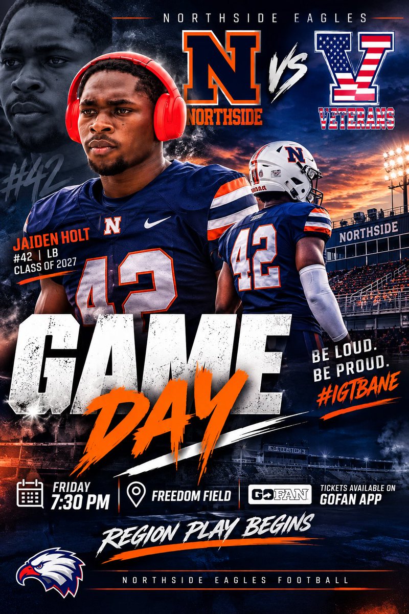 Thejaidenholt's tweet photo. REGION PLAY STARTS NOW. 🦅

Read it. Trigger. Run downhill. FINISH. 💥

Every snap is an opportunity to put something on film.

Northside 🆚 Veterans
⏰ 7:30 PM
📍 Freedom Field

Jaiden Holt | #42 | LB | Class of 2027
5’11” | 200 lbs | GPA 3.0

MAKE THEM REMEMBER #42.

#AGTG #42 https://t.co/9HwDofsvyZ