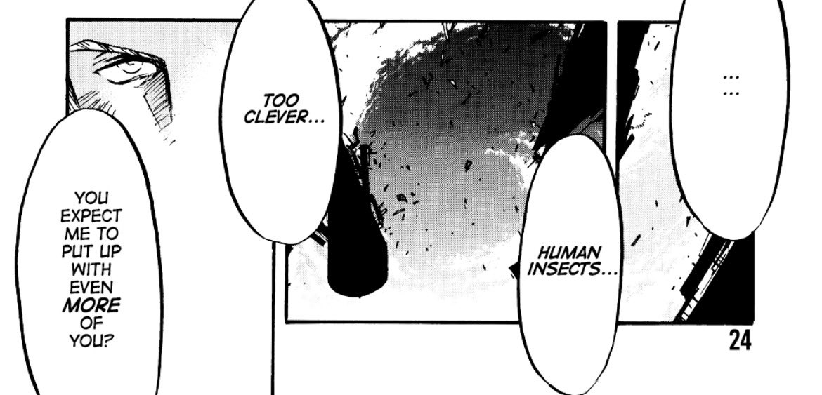 en_stama's tweet photo. knives' reliance on his human weapons PROVES he values them, but him verbalizing that value is significant.

he wants to eradicate humanity, but not BECAUSE plants are superior. though they're incompatible with plant liberation, humans may still be clever, fine specimens. (5/5) https://t.co/tZLVQzEcgq