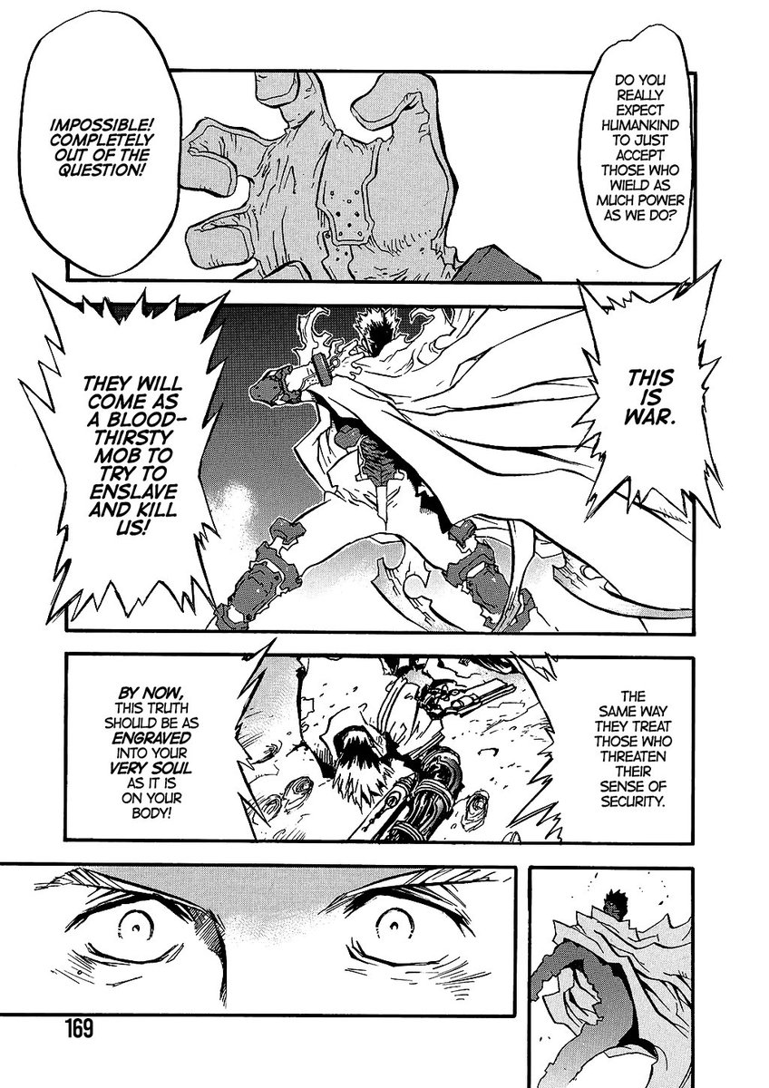 en_stama's tweet photo. knives' reliance on his human weapons PROVES he values them, but him verbalizing that value is significant.

he wants to eradicate humanity, but not BECAUSE plants are superior. though they're incompatible with plant liberation, humans may still be clever, fine specimens. (5/5) https://t.co/tZLVQzEcgq