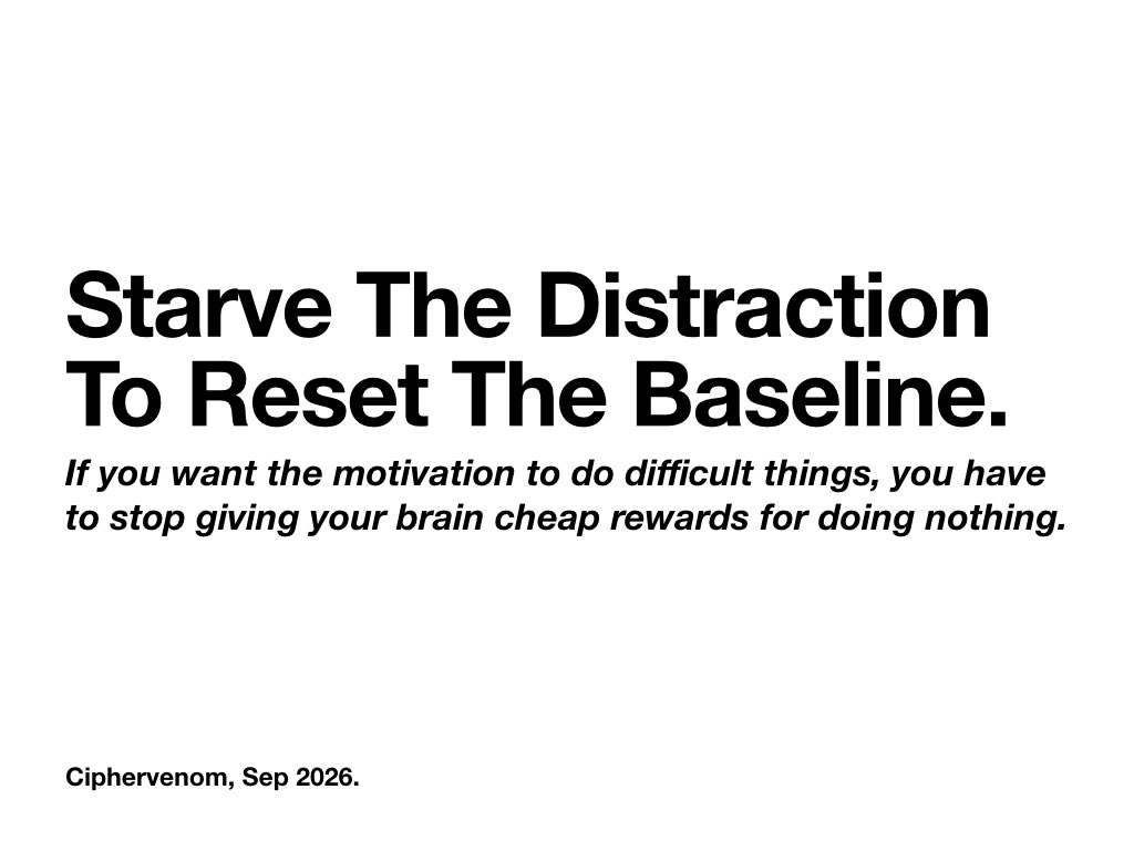 ciphervenom01's tweet photo. Your brain's reward system is biologically ancient. It was designed to release dopamine to motivate you to hunt, build, and survive. When you wake up and immediately flood your receptors with high-stimulus digital content, you artificially spike your baseline. By 9 AM, your brain is exhausted, and regular, meaningful work physically feels like agony because it can't compete with the algorithmic dopamine. If you want your drive back, you have to starve the cheap distractions.
