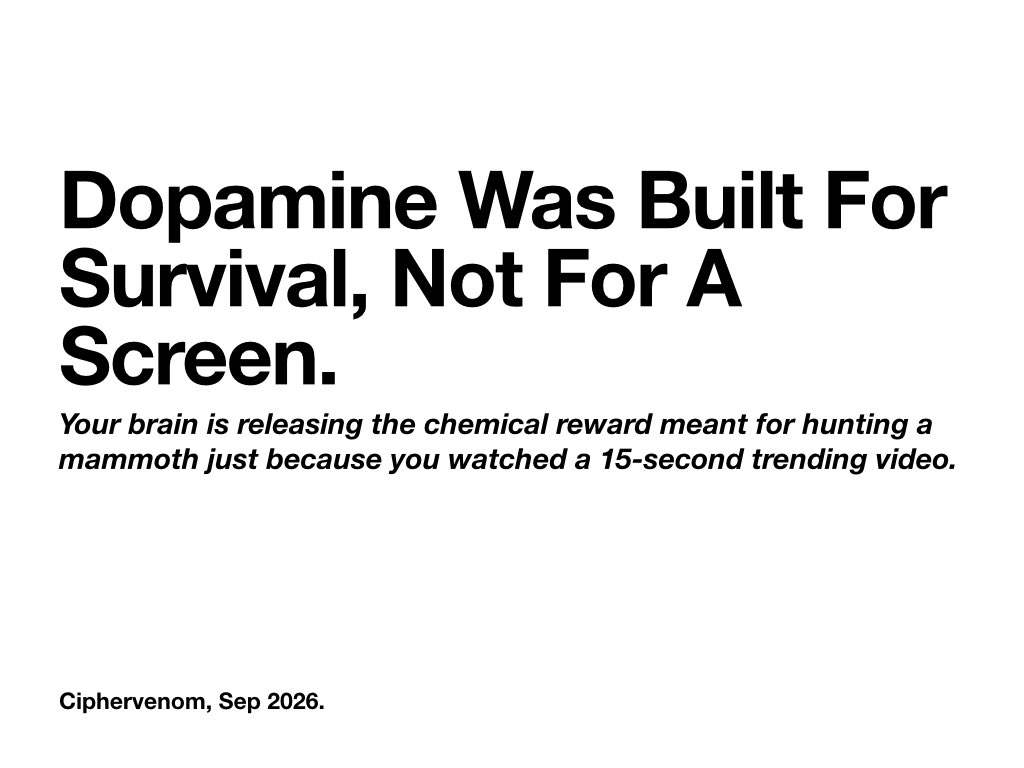 ciphervenom01's tweet photo. Your brain's reward system is biologically ancient. It was designed to release dopamine to motivate you to hunt, build, and survive. When you wake up and immediately flood your receptors with high-stimulus digital content, you artificially spike your baseline. By 9 AM, your brain is exhausted, and regular, meaningful work physically feels like agony because it can't compete with the algorithmic dopamine. If you want your drive back, you have to starve the cheap distractions.