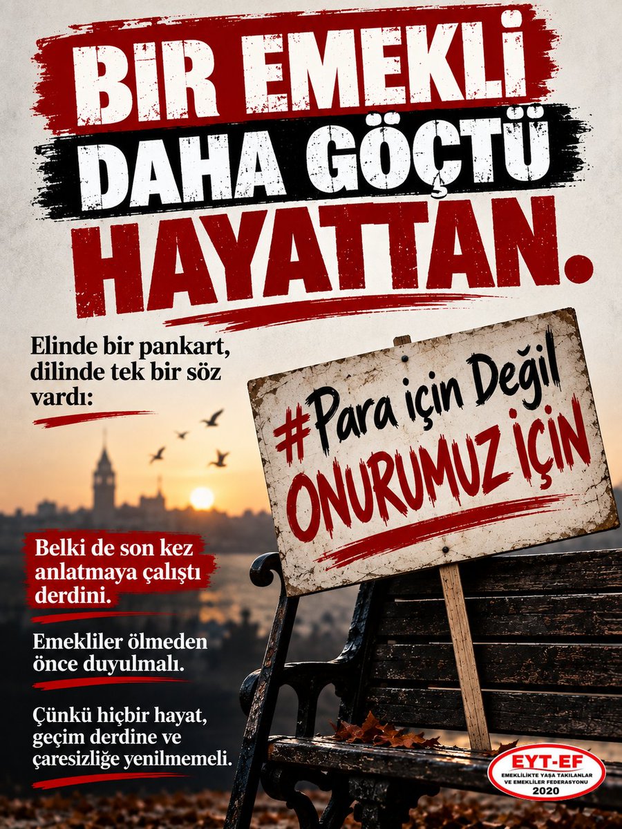 UmayMergen7's tweet photo. #Emekli daha göçtü hayattan.
Elinde bir pankart, dilinde tek bir söz vardı:
👇👇
#ParaiçinDeğilOnurumuziçin

Belki de son kez anlatmaya çalıştı derdini.

Emekliler ölmeden önce duyulmalı.
Çünkü hiçbir hayat, geçim derdine ve çaresizliğe yenilmemeli.

@RTErdogan
@isikhanvedat https://t.co/MFyLFNIgrz
