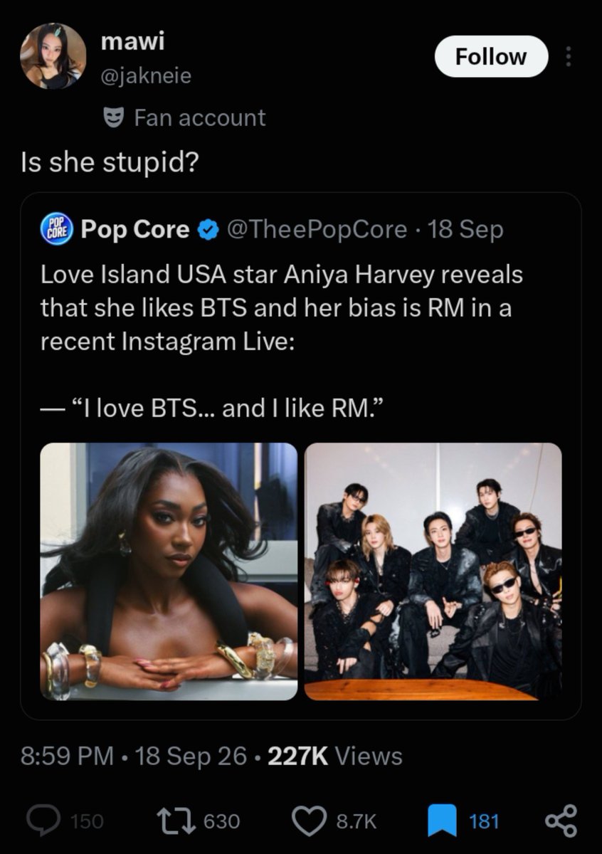 hoolignyvanill's tweet photo. K-pop/pop fans harassing literally everyone they see liking BTS. https://t.co/p5X39SWgvg