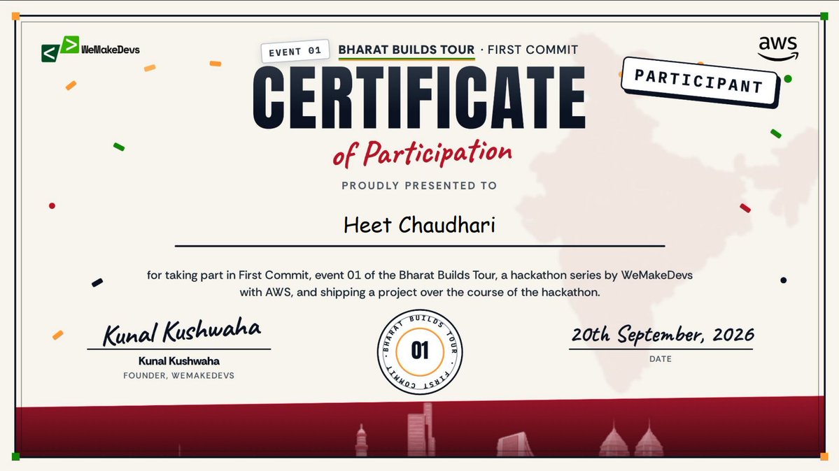 theheetchaudhri's tweet photo. Today I received my participation certificate for the AWS hackathon.

My project, SAMAYPATRA, didn’t work out the way I planned. I couldn't complete it within the hackathon.

But honestly, this experience taught me a lot. 🧵 https://t.co/yvsX69Xb9W