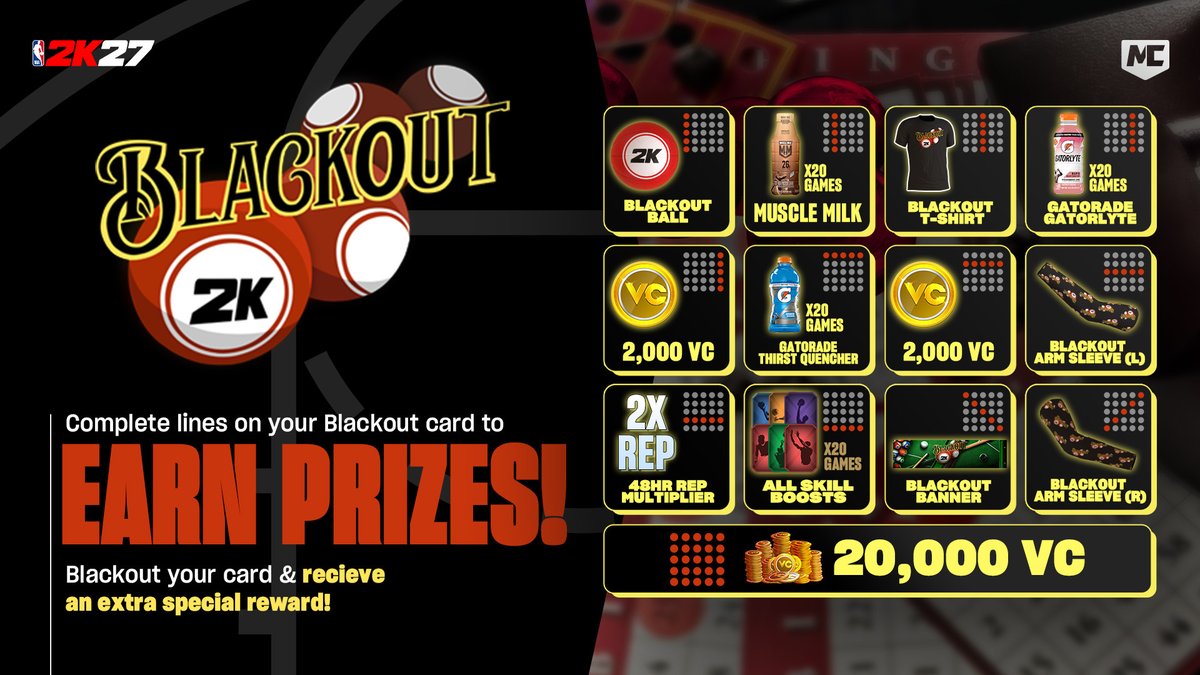 NBA2K's tweet photo. Blackout is going down right now ‼️

Complete lines on your card and earn prizes and fill out every space to get the extra special reward 🔥 https://t.co/vYGIFTwmod
