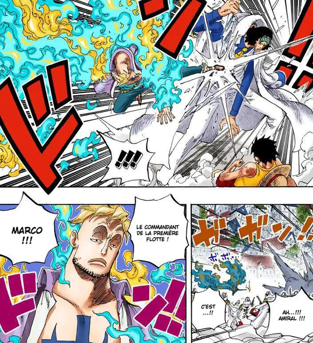 Naniteken's tweet photo. @sadybouuu T'es pas au courant que Marco a fouetté Aokiji ? 

Il lui a mis un coup de pied qui l'a envoyé dans le décor comme Kizaru l'a fait avec Snakeman Luffy.  

Marco a gagné ce combat, un coup de pied = fouetté son adversaire. https://t.co/Vtdljwo4EC