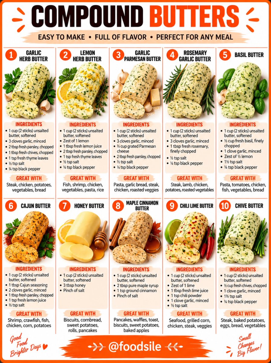 ColeneBerts05's tweet photo. 10 compound butters to elevate any meal: garlic herb, lemon herb, garlic Parmesan, rosemary garlic, basil, Cajun, honey, maple cinnamon, chili lime, and chive. Try them on steak, seafood, vegetables, bread, pasta, or pancakes. Which flavor would https://t.co/p3RwL2JQ5z