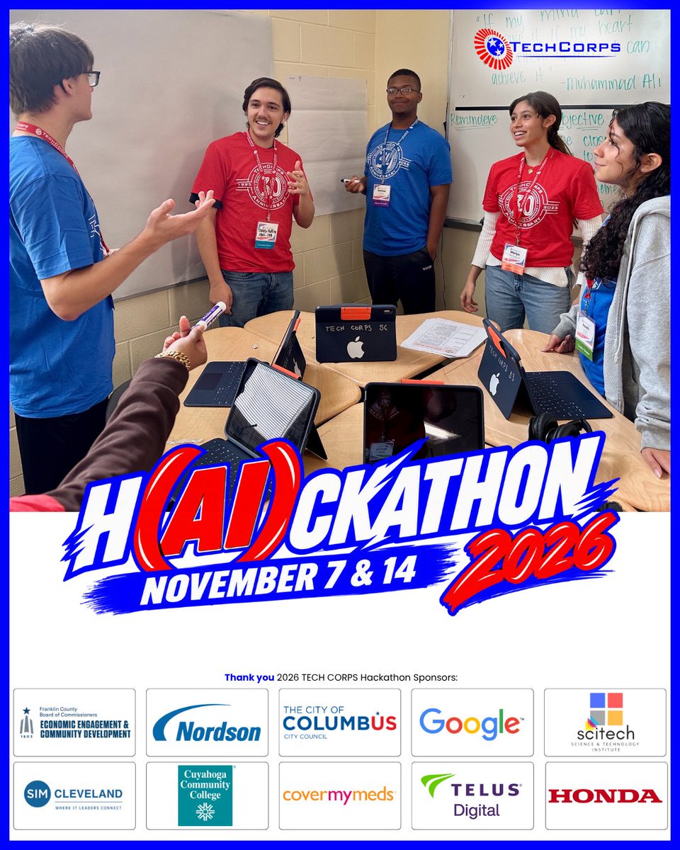 techcorpsus's tweet photo. AI is changing the world. Ohio students should have a voice in what comes next.
Join the 2026 TECH CORPS Hackathon!
📍 Cleveland, Dayton &amp; Elyria — Nov. 7
📍 Columbus — Nov. 14
Win up to $200
No tech/AI experience needed
https://t.co/6ZW8lp67eq https://t.co/wehctzWYcu