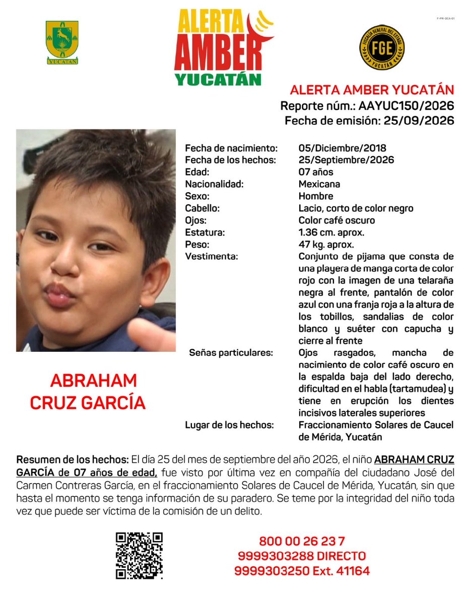 AAMBER_yucatan's tweet photo. #AAYUC Informa de la ACTIVACIÓN de una ALERTA AMBER Estatal solicitando de su apoyo para la búsqueda y localización del niño ABRAHAM CRUZ GARCÍA de 07 años de edad, en el Estado de Yucatán. @fgeyucatan https://t.co/uHcWrRykP5