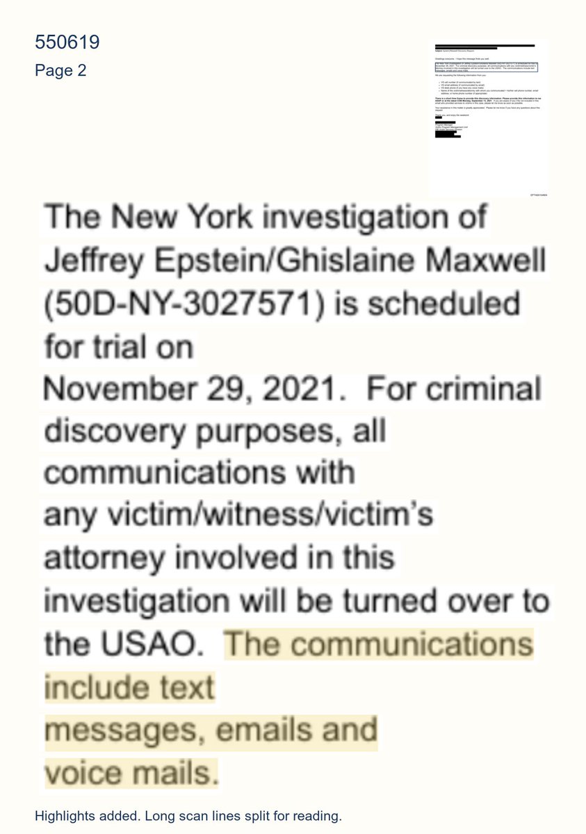 epsteinsearchin's tweet photo. Before Ghislaine Maxwell's 2021 trial, a discovery request said all communications with the case's victims, witnesses and their lawyers would go to federal prosecutors, including texts, emails and voicemails. https://t.co/ofTTZnsROv