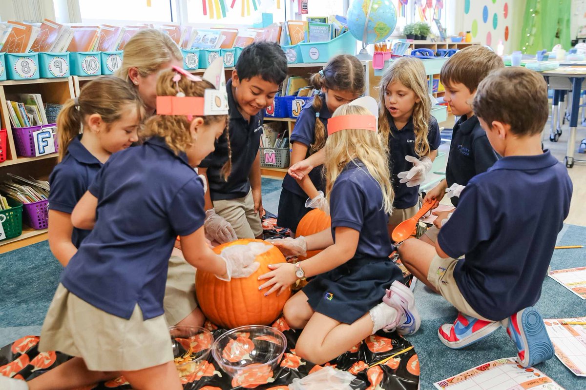 UnitySchoolFL's tweet photo. 🎃 First graders are diving into fall math! From predicting sizes to rolling up their sleeves for carving and counting seeds, they are putting their math skills to the ultimate test with some messy, hands-on learning. 🍂🧡

#UnitySchoolFL #DelrayBeach #HandsOnLearning https://t.co/W0vwb0vydy