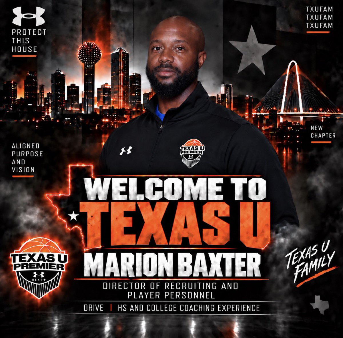 TXUBasketball's tweet photo. Texas U welcomes Marion Baxter as our Director of Recruiting &amp; Player Personnel ‼️ Multiple yrs coaching at the HS &amp; College level, Marion will be instrumental in making sure our College relationship connectivity is served in the highest form! Big program win💯

#TXUFam🖤🧡 https://t.co/3MnjpAK9PJ