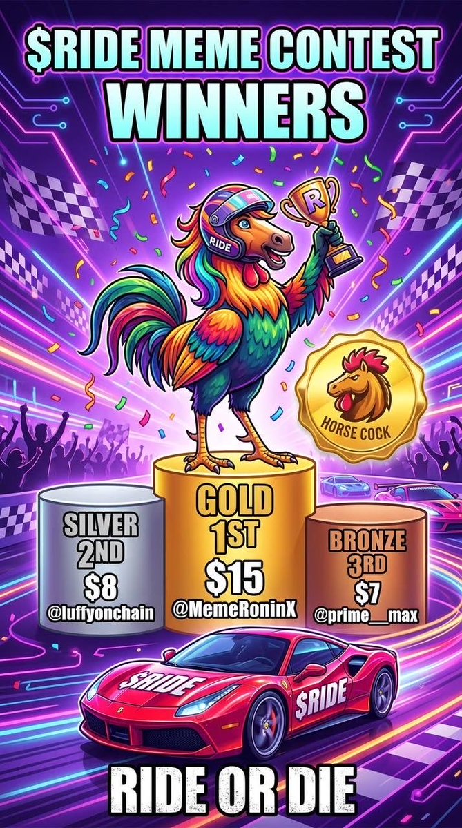 HorseCockcrypto's tweet photo. 🏆🏇 $RIDE MEME CONTEST WINNERS! 🏇🏆

The race is over, the memes have been judged, and our top RIDERS have crossed the finish line! 🏁🔥

🥇 1ST — $15 → @MemeRoninX
🥈 2ND — $8 → @luffyonchain
🥉 3RD — $7 → @prime__max

Big congratulations to all three winners! 🫡🔥 You brought the creativity, the energy, and the degen spirit to the $RIDE community.

A huge THANK YOU to everyone who participated and dropped memes. Every entry helped keep the timeline moving and the $RIDE community active. ❤️‍🔥

🏇 RIDE OR DIE.
🐴🐓 HORSE COCK NEVER STOPS RACING. 🏁