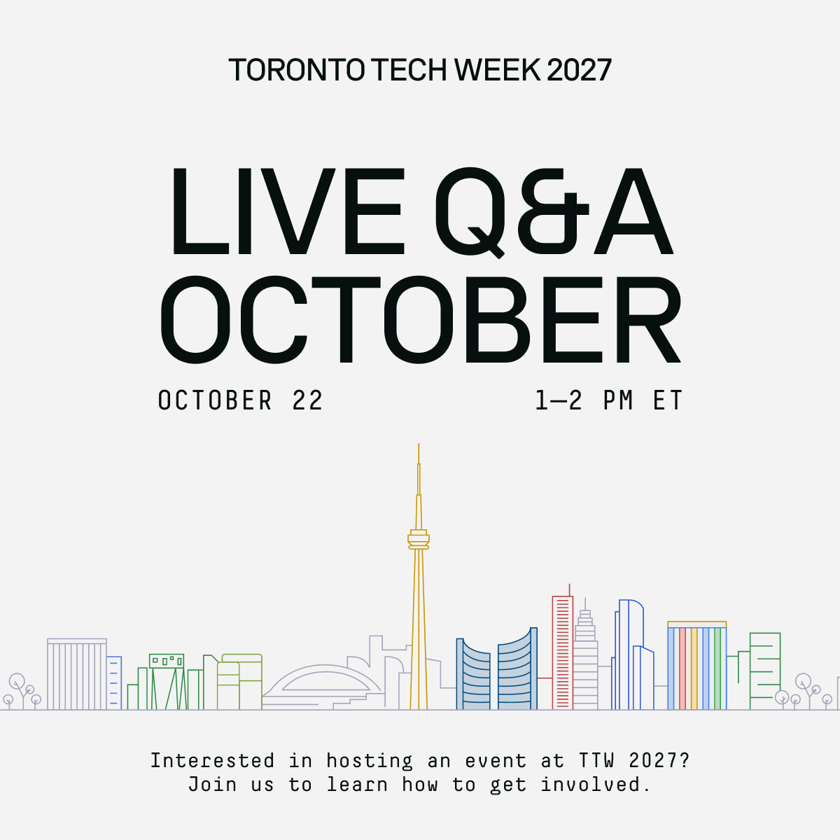 TOtechweek's tweet photo. Toronto Tech Week is back May 31–June 4, 2027. 🚀

Want to host an event during TTW 2027?

Join our first TTW Live Q&amp;A on Oct. 22 from 1–2 PM ET to learn how to get involved, what makes a great event, and get your questions answered.

👉 RSVP: https://t.co/w1xCBODQUc https://t.co/UzovogrBIm