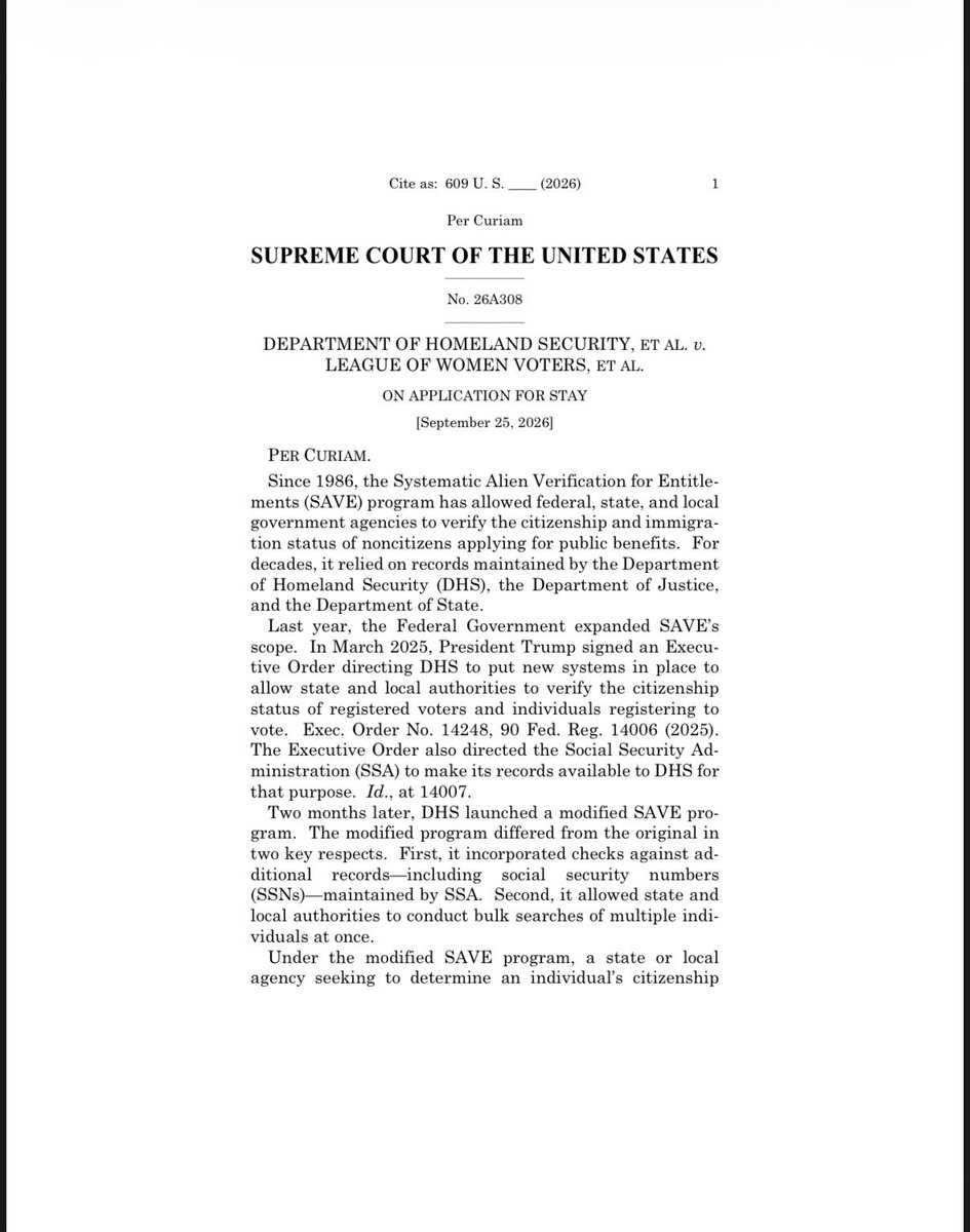 bennyjohnson's tweet photo. JUST IN: The Supreme Court allows Trump administration to resume expanded voter citizenship verification

The ruling allows the use of the SAVE system while the case continues, enabling state and local officials to utilize additional federal records, including Social Security records, to verify the citizenship status of registered voters and people registering to vote.

Justices Sotomayor, Kagan, and Jackson dissented.

Only American citizens should be voting in U.S. Elections. Purge the voter rolls.