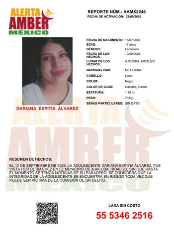 AztecaNoticias's tweet photo. #DóndeEstá | Dariana Tiene 17 años y desapareció el pasado 12 de septiembre en Ajacuba, Hidalgo. 

Se activó la #AlertaAmber y su familia sigue sin saber de ella. Si tienes información que ayude a dar con su paradero, no dudes en acudir a las autoridades.

https://t.co/3UQa0CTimc https://t.co/mrKrSG8MRR