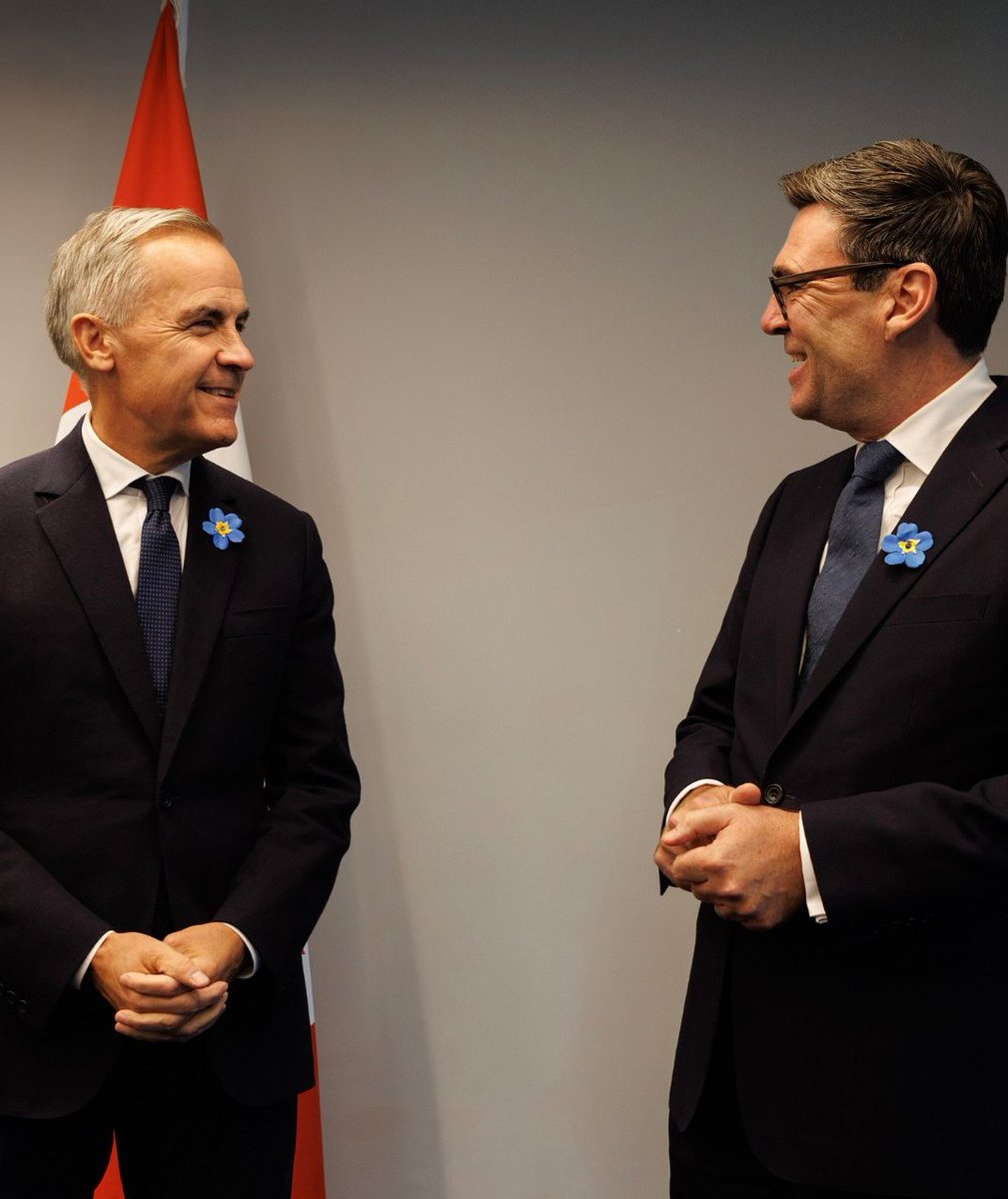 AlzCanada's tweet photo. Recently, Prime Minister @MarkJCarney and UK Prime Minister @andyburnham wore @alzheimerssoc (Alzheimer's Society UK) Forget Me Not badges, a symbol of remembrance and solidarity for people affected by dementia.

This powerful show of support during World Alzheimer's Month is incredibly meaningful for people living with dementia and their care partners.

We’re grateful to see world leaders help raise awareness of Alzheimer’s disease and other dementias. 

(Photo: Alzheimer's Society UK)

#WorldAlzheimersMonth #DementiaAwareness #AlzheimersDisease