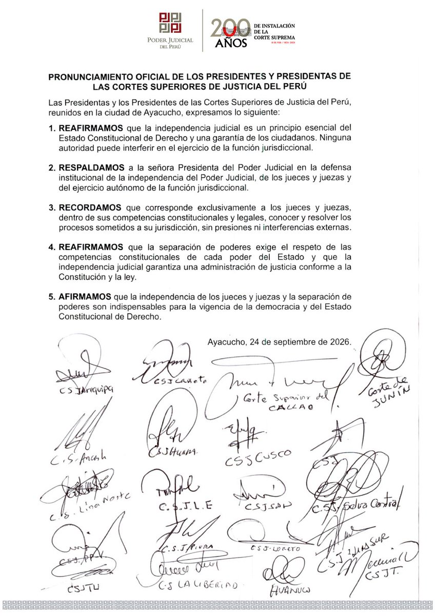 Ojo_Publico's tweet photo. 📌#LoÚltimo Tras los cuestionamientos de la presidenta Keiko Fujimori en la ONU al juzgamiento de militares por crímenes en conflicto armado, los presidentes de cortes superiores del país respaldaron a la presidenta del Poder Judicial, Janet Tello en un pronunciamiento oficial.🧵 https://t.co/AA6pry4iZA