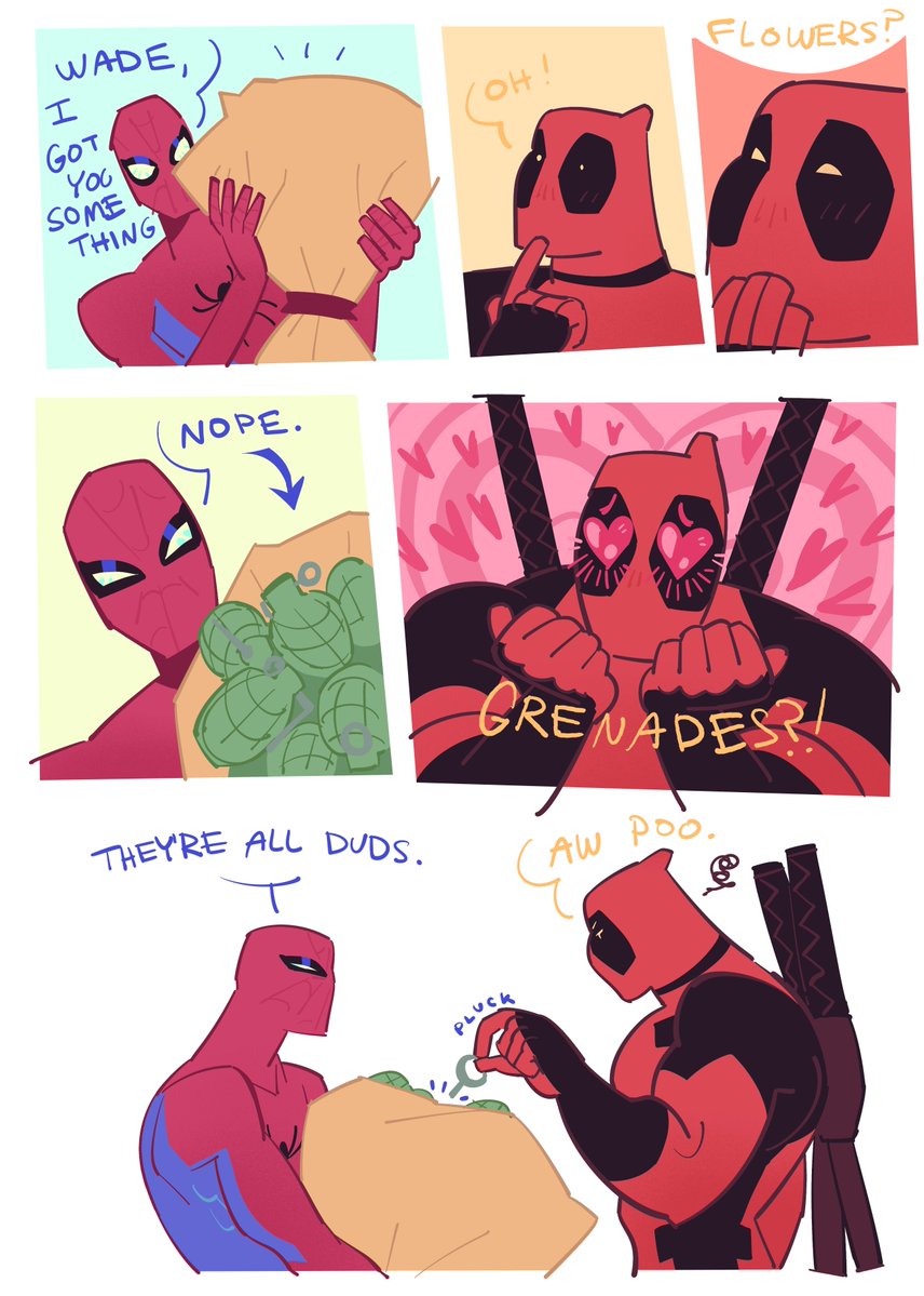 evilabsolved's tweet photo. 'gift' giving #spdp #spideypool https://t.co/qjMLfow33d