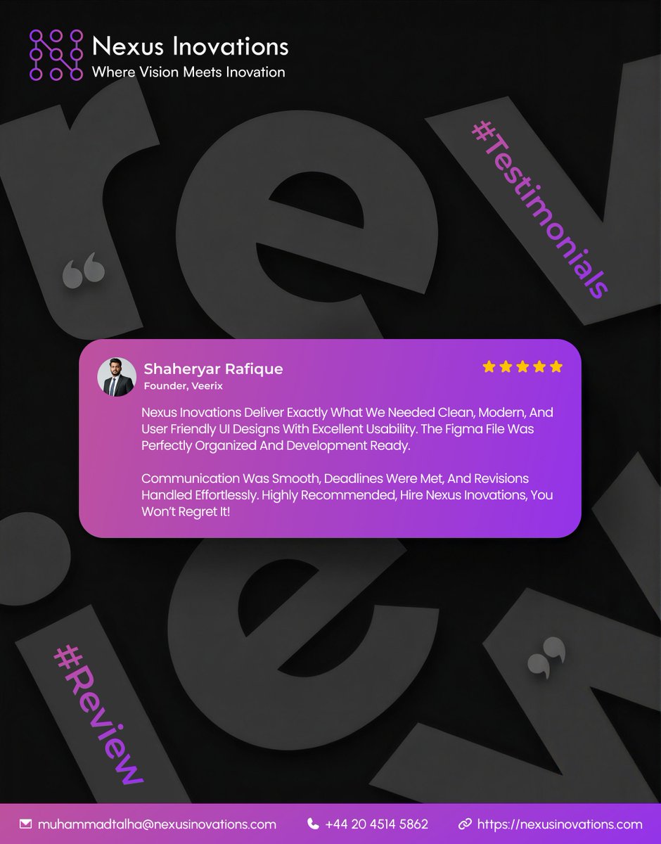 Nexusinovation's tweet photo. Great design starts with great collaboration. 

Thank you, Shaheryar Rafiq, for trusting Nexus Inovations and sharing your feedback!

Have a digital product in mind? Let’s build it. 

#NexusInovations #UIUX #ProductDesign #Figma https://t.co/1DAVdndFWg