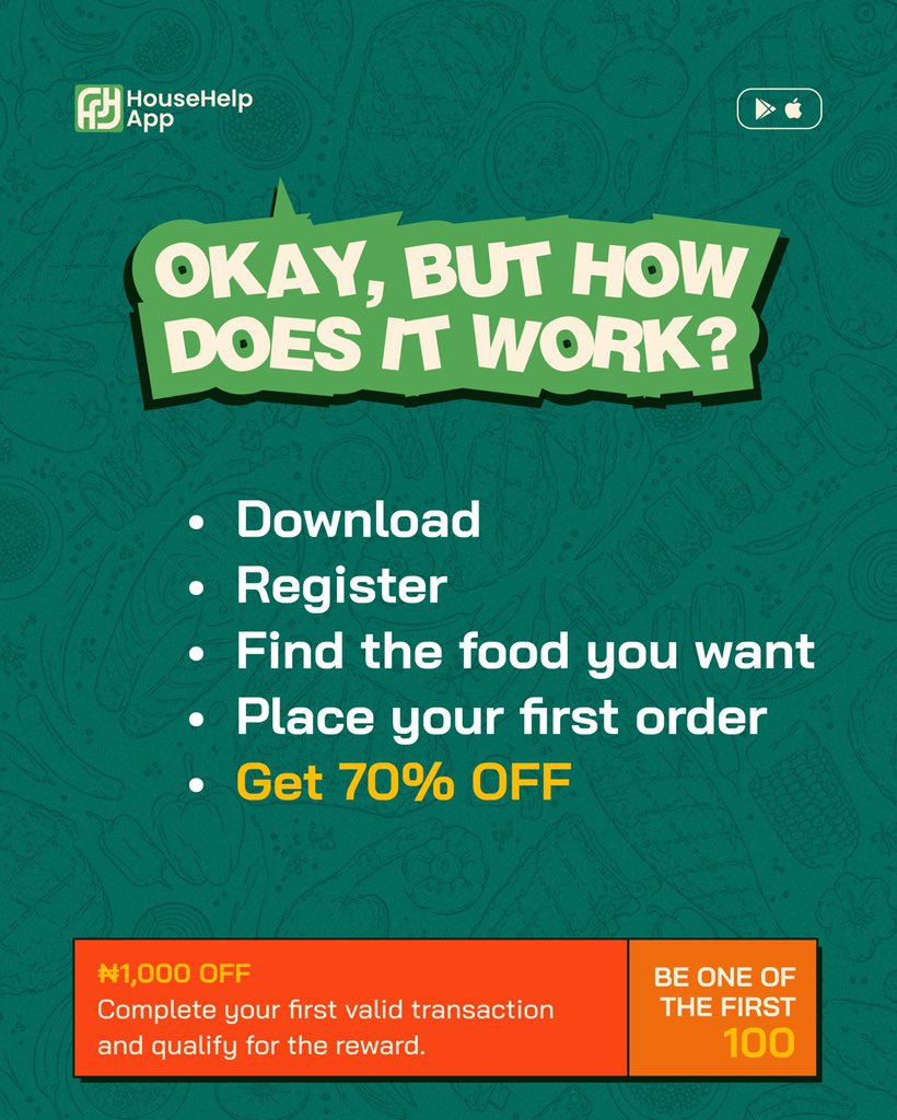 HouseHelpApp's tweet photo. Follow these steps and get yourself 70% off and 1000 off your next meal🤭

I wouldn’t want to miss this if I were you😩

So hurry, download the HouseHelpApp now to get started😊

#HouseHelpApp #bestfooddeliverypluginlagos #fooddelivery #goodfoodlesswahala https://t.co/ADV12NcSHr