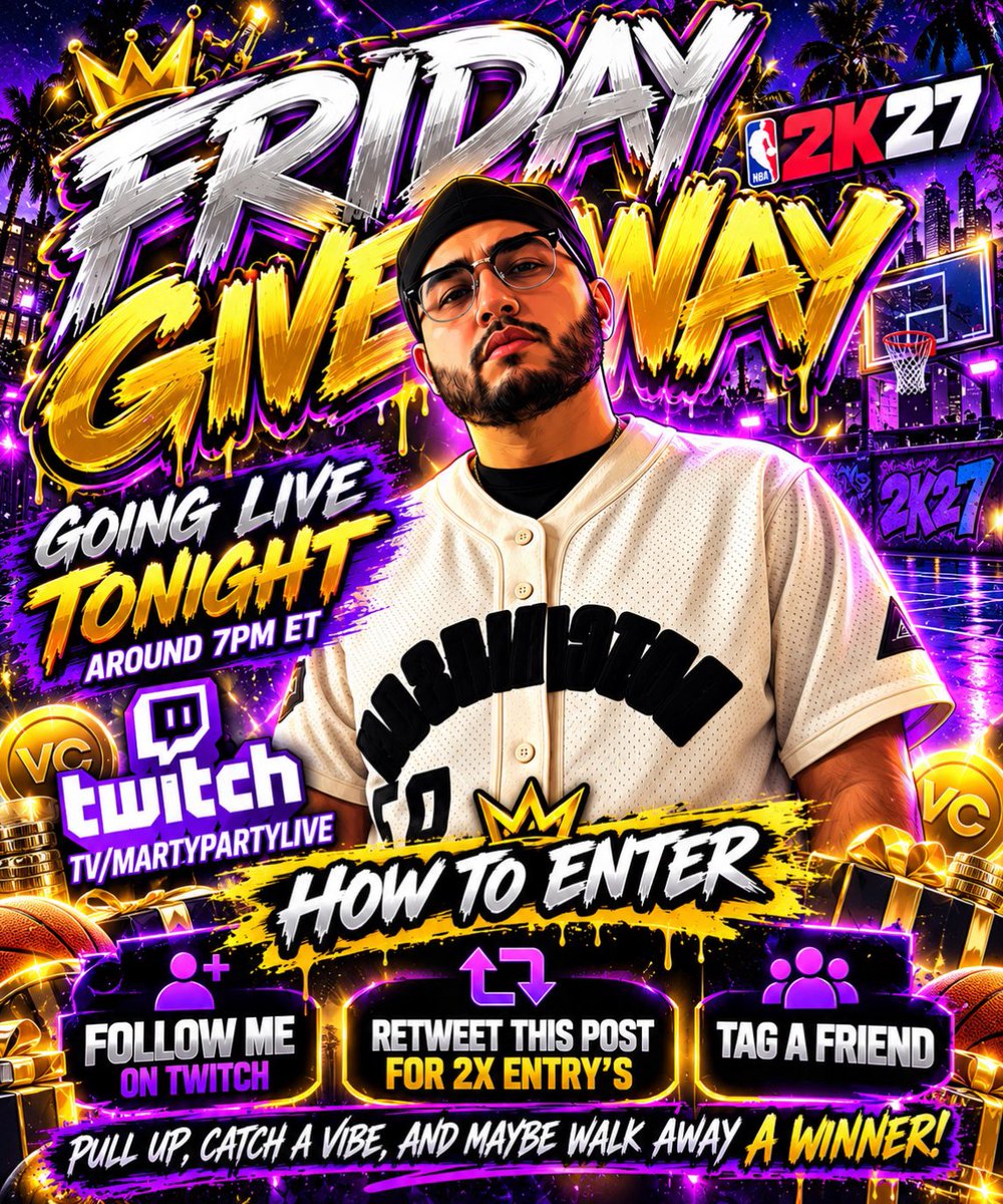 martypartylive's tweet photo. 🚨 WE LIVE TONIGHT!!! 🚨

It’s FRIDAY, so you already know what that means! 🔥🎮

Going LIVE on Twitch tonight around 7PM ET playing #NBA2K27 🏀

💰 FRIDAY GIVEAWAY! 💰

HOW TO ENTER 👇

✅ Follow me on Twitch
🏷️ Tag a friend
♻️ RETWEET THIS POST FOR 2X ENTRIES!

📺 https://t.co/AfWsYWMxGH

Come kick it with us, catch a vibe, and maybe walk away a WINNER! 👀💰

#NBA2K27 #NBA2K #Twitch #TwitchStreamer #2KCommunity #Giveaway