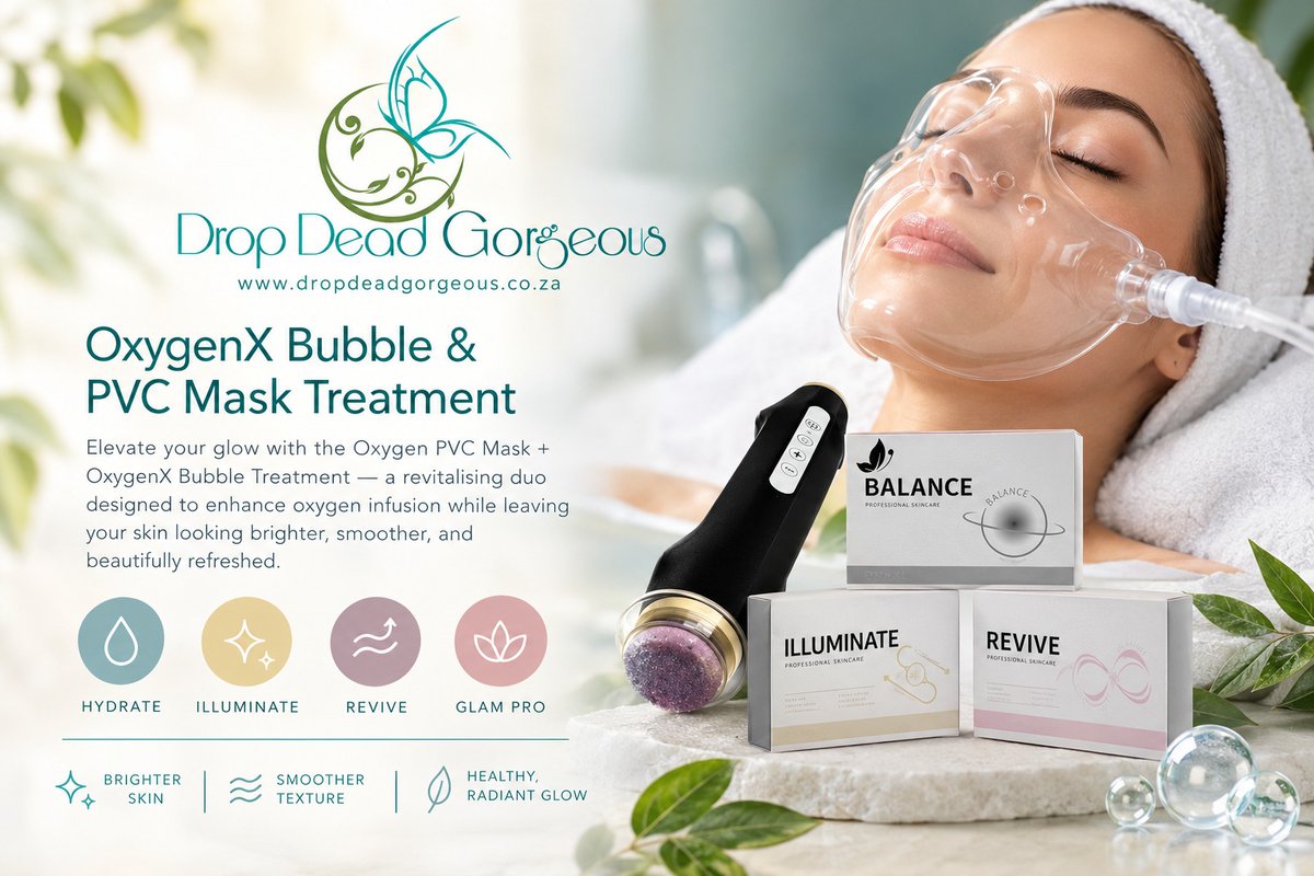 LizethPelcher's tweet photo. Refresh, replenish, and radiate with OxygenX. Experience the Oxygen PVC Mask and Bubble Treatment for skin that looks fresh, hydrated, nourished, smooth, and radiant. Book your treatment at Drop Dead Gorgeous: 071 220 9244 https://t.co/5rA3Rg38f6
