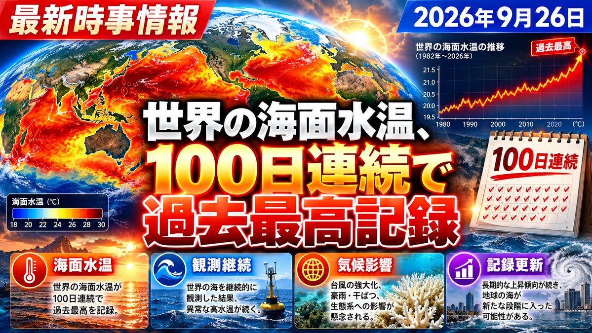 NOBY1202's tweet photo. 世界の海面水温が6月2日から100日連続で「観測史上最高」を更新と、米クライメート・セントラルが発表。9月以降も21.15〜21.23度で推移し記録更新中です。エルニーニョの影響もありますが「根本原因は人間活動による気候変動」と指摘、豪雨リスクの高まりも懸念されています。 #海面水温 #気候変動 https://t.co/8b37rHGppN