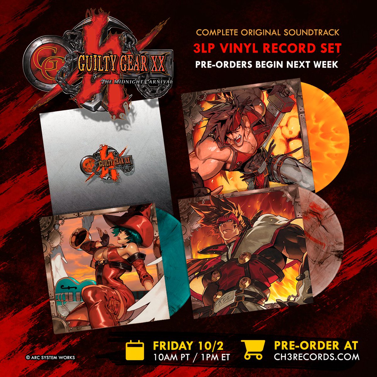 ch3records's tweet photo. CH3-014: GUILTY GEAR XX  

We are proud to announce that the full Guilty Gear XX: The Midnight Carnival soundtrack will be available for preorder soon!

Est delivery Q1 2027.  Full details and preorder launch Fri, Oct 2nd @ 10AM PT / 1PM ET.  Special thanks to @ArcSystemWorksU https://t.co/qLaCnXUgPW