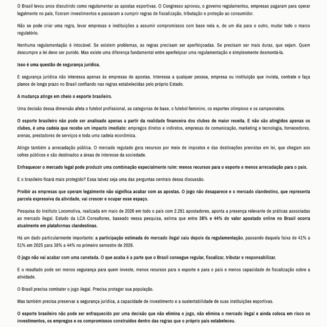 eixopolitico's tweet photo. 🇧🇷 Flamengo divulga nota contra proposta de Lula de proibir totalmente as bets e alega insegurança jurídica no país: “não se pode criar uma regra, levar empresas a assumir compromissos com base nela e, de um dia para o outro, mudar todo o marco regulatório”.

Clube argumenta que a proibição não vai acabar com as apostas, vai fortalecer o mercado ilegal e atingir investimentos no setor esportivo, com impacto sobre empregos, categorias de base e até a arrecadação do governo.