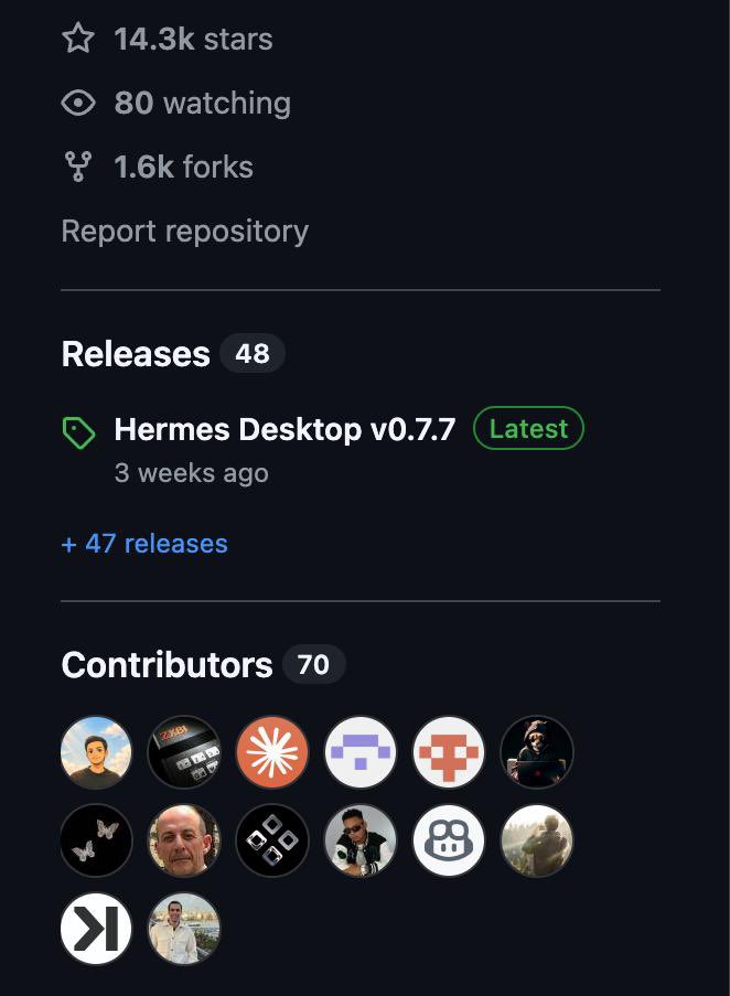 RUFYSZN's tweet photo. So @fathah_cr built Hermes One, a community maintained native desktop app for installing, configuring and chatting with Hermes agent. With over 1.8M downloads and 14k stars and 1.6k forks on GitHub, @claudeai is also a contributor to Hermes one. @fathah_cr fully onboard and fees redirected to him. 

Ca: 0x8594f16D4b0D97a344695d17cba72669C9f1e13e