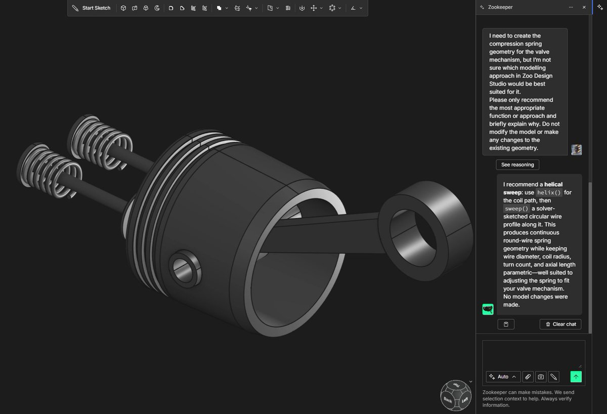 zoodotdev's tweet photo. Ben’s Build Log #08

For the valve mechanism, I needed to add compression springs, but wasn’t sure about the best way to model them in Zoo Design Studio.

So I asked Zookeeper which approach he would recommend. He suggested using a helix, which turned out to be exactly what I needed for the spring geometry.