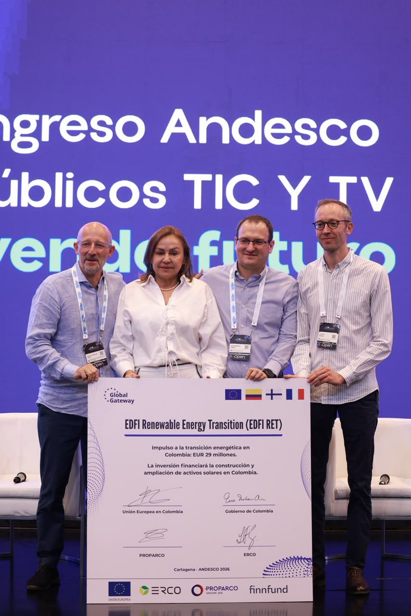 FrancoisRoudie's tweet photo. Anunciamos en @Andesco1 una inversión de EUR 29 millones de @Finnfund y @Proparco en @ErcoEnergia, con el respaldo de una garantía de la @UEenColombia. 

#GlobalGateway significa movilizar inversión y construir, con Colombia @MinEnergiaCo, un futuro energético más limpio. https://t.co/H4vc90cjd3