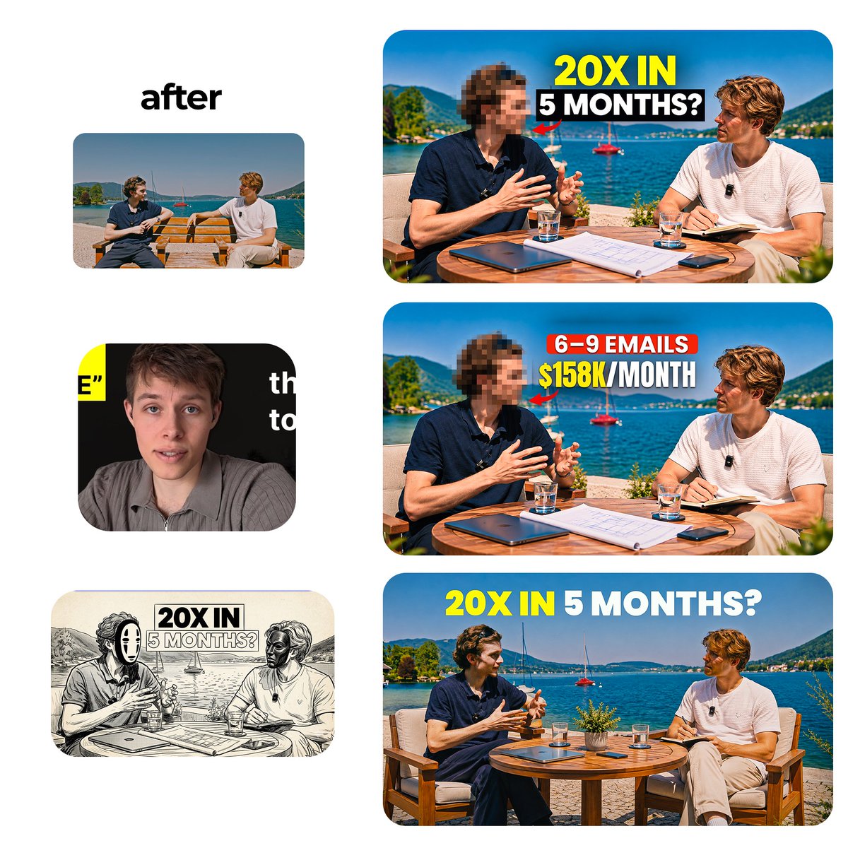 GustoBiz's tweet photo. A good thumbnail idea isn't always in the title.

I watched a $158K/month business video, found 3 hooks inside the conversation, and rebuilt the thumbnail around each one.Want a second opinion on your packaging? DM me your thumbnail + title. I’ll review it. https://t.co/gGFfXt2Tzj