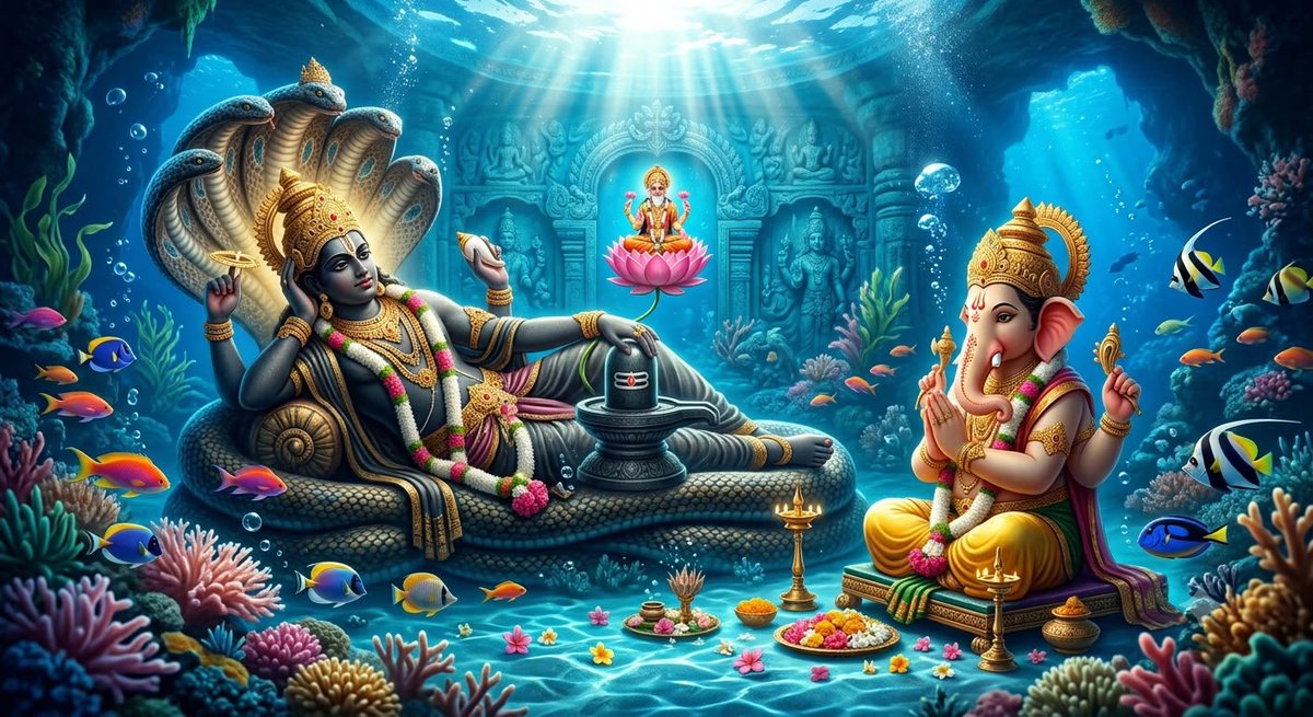 vishwananda's tweet photo. Shubh Anant Chaturdashi. 
If one wishes to deep dive into the wisdom, grace, and realizations hidden in every aspect of the Sanatan Dharma, even countless lifetimes won’t be enough. The saints, in fact, realized this very thing. They didn’t fear the cosmic cycle of reincarnation, they didn’t fear life on Earth. They were so in love with Bhagavan and His truly incredible love hidden everywhere, that they wanted to come again and again to fall deeper and deeper in love with Him. They wanted to constantly surrender and immerse themselves even more into the infinite ocean of bliss which is Sri Hari Narayan, Anant SatChidAnanda. 
Two beautiful reminders are given on Anant Chaturdashi. (1) Ganesh Visarjan teaches us to look beyond all material limitations. (2) The Ananta Vrat is made to focus our gaze on the Ananta, the underlying, unchanging, infinite reality of Mahavishnu that remains after everything else is washed away. The 14-year Ananta Vrat is one of the most beautiful prayers dedicated to Shreeman Narayan, focusing on His form as Anant Padmanabha—the infinite eternal one who rests upon the cosmic ocean.
Another important reason why remembering Bhagavan and performing Ganesh Visarjan on Anant Chaturdashi is so important, is the arrival of Pitru Paksh in a few days. During Pitru Paksh, one goes into intense inward reflection, Sadhana, prayers for all ancestors, and deep gratitude for everything that came before, is given now, and will come afterwards. Through the beauty of Anant Chaturdashi, Bhagavan shows us that everything of the outside is changeable, but the lotus feet of the SatGuru are forever unchanged. So intensely focus on Him and embed deep gratitude within the consciousness. Blessings to all.