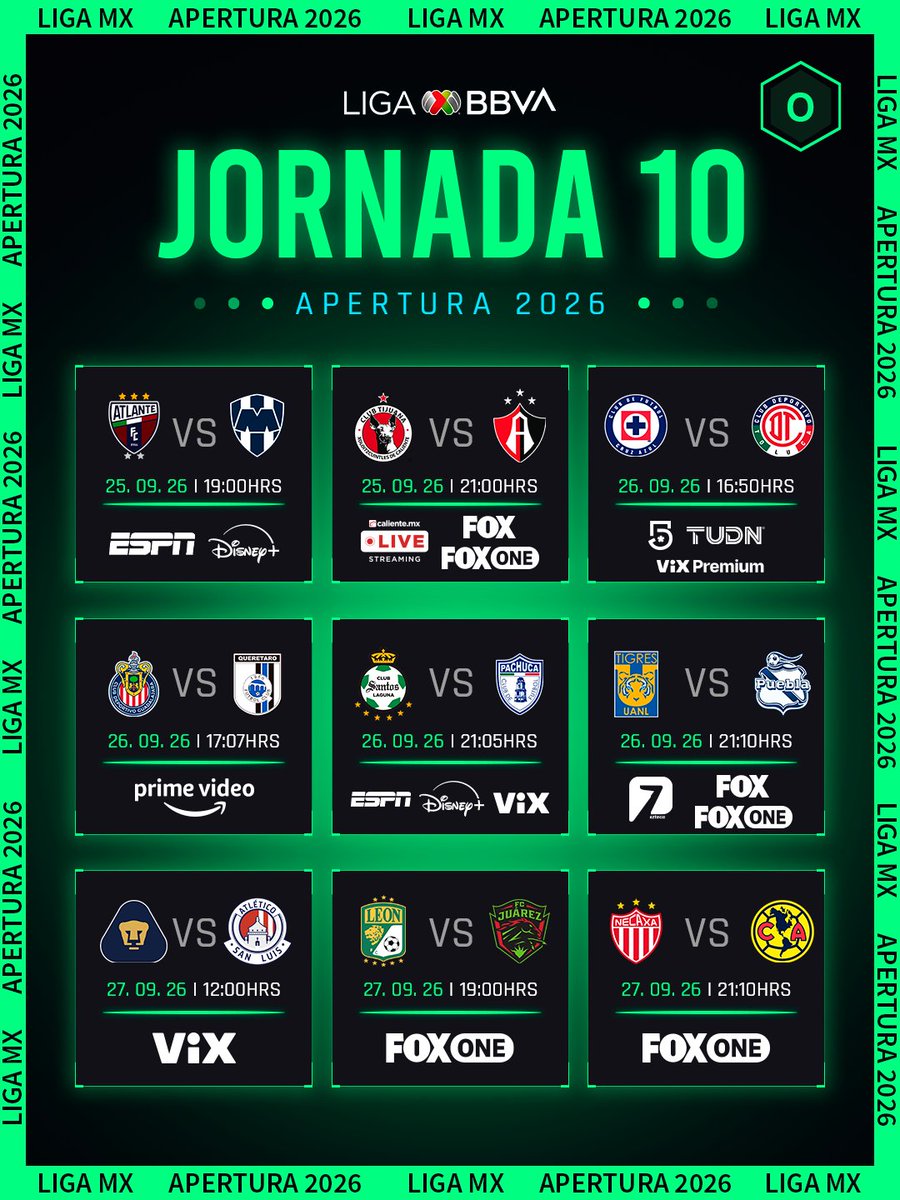 oscargspa's tweet photo. ¡Agenda lista para la Jornada 10!

⚽ Atlante vs Monterrey, Cruz Azul vs Toluca, Chivas vs Querétaro, Tigres vs Puebla y más. ¿Cuál pinta para ser el partidazo?

#LigaMX #oscarmedelsports https://t.co/p785JDSyRd
