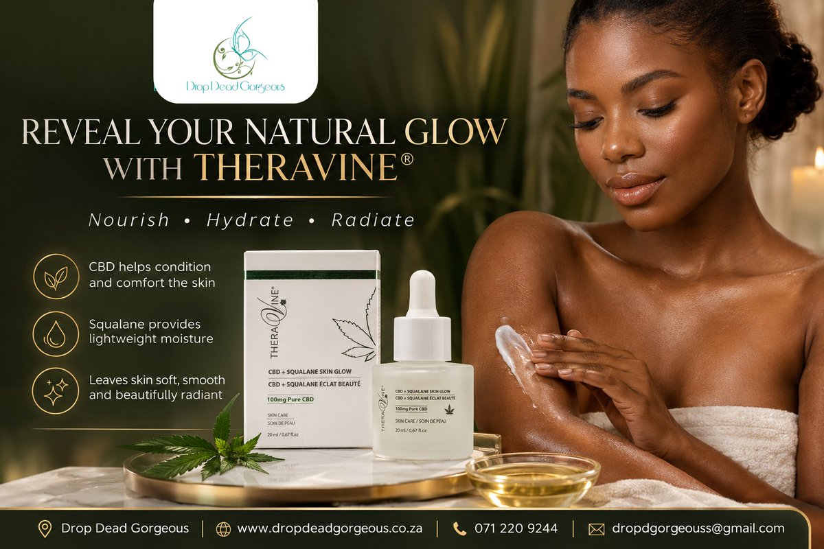 LizethPelcher's tweet photo. Discover your natural glow with TheraVine® CBD + Squalane Skin Glow. This lightweight blend hydrates, nourishes and smooths for soft, supple, naturally radiant-looking skin. Elevate your everyday skincare ritual. Drop Dead Gorgeous: 071 220 9244 https://t.co/ojEpJjpMBq