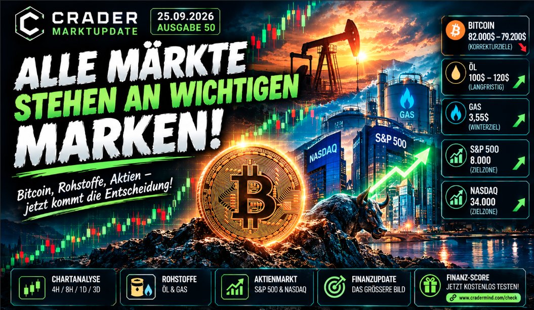 crader_elite's tweet photo. Bitcoin fiel gestern auf 82.800$ und brach damit eine wichtige Supportzone. Über den US-Handel erholte sich BTC wieder über 84.000$, doch das letzte Hoch bleibt außer Reichweite.

Die 4H-Struktur spricht weiterhin für eine Korrektur bis maximal 79.200$.

Wichtig: Der übergeordnete Trend bleibt bullish.
🔴 <81.000$ → kurzfristiger Abwärtstrend
🔴 <72.500$ → erst hier wäre der große Aufwärtstrend für mich gebrochen.
🛢️ ÖL
Die erwartete Korrektur bis rund 98$ kam – danach folgte eine deutliche Erholung. Kurzfristig halte ich einen erneuten Fall unter 100$ für möglich.

Langfristig bleiben Energieknappheit, niedrige Dieselbestände und geopolitische Risiken für mich die entscheidenden Faktoren. Nach einer weiteren Korrektur halte ich später sogar ~120$ für möglich.

🔥 GAS

Unsere saisonale Analyse läuft weiter nach Plan. Seit ~2,65$ ist Gas deutlich gestiegen. Mein Winterziel bleibt mindestens 3,55$.

Besonders spannend: Europas Gasspeicher gehen mit vergleichsweise niedrigen Füllständen in den Winter.

📈 AKTIEN

Nasdaq & S&P 500 stehen unter Druck, bleiben aber im übergeordneten Aufwärtstrend. Gleichzeitig werden die Aufwärtsbewegungen träger, während hohe Anleiherenditen und Öl zusätzlichen Gegenwind liefern.

🎯 Meine Ziele bleiben:
 S&P 500 → ~8.000
 Nasdaq → ~34.000

Fast alle großen Märkte stehen aktuell an entscheidenden Marken.

Nicht der Richtung hinterherrennen. Level abwarten und handeln, was der Markt tatsächlich zeigt.